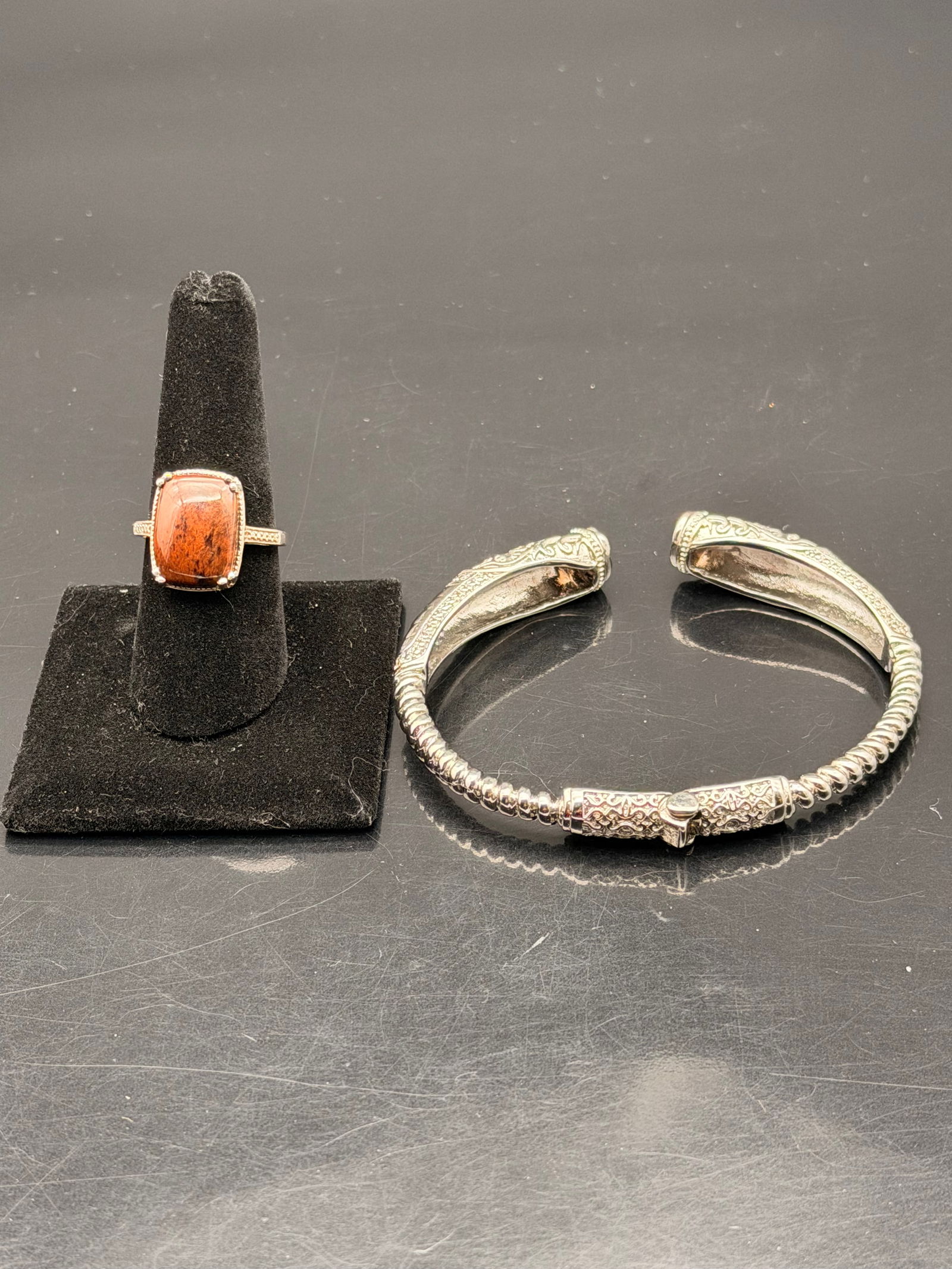 Coffee Obsidian Ring & Ornate Silver Bracelet Set – 925 Sterling, (1 of 11)