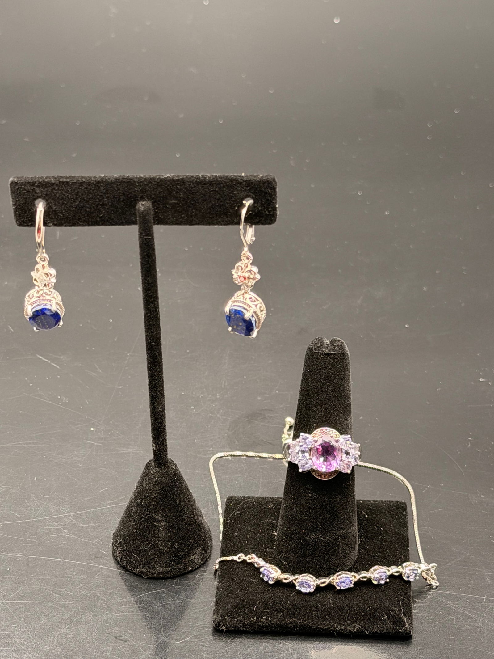 Purple & Blue Gemstone Jewelry Set – Sterling Silver Ring, Earrings & Bracelet (1 of 12)