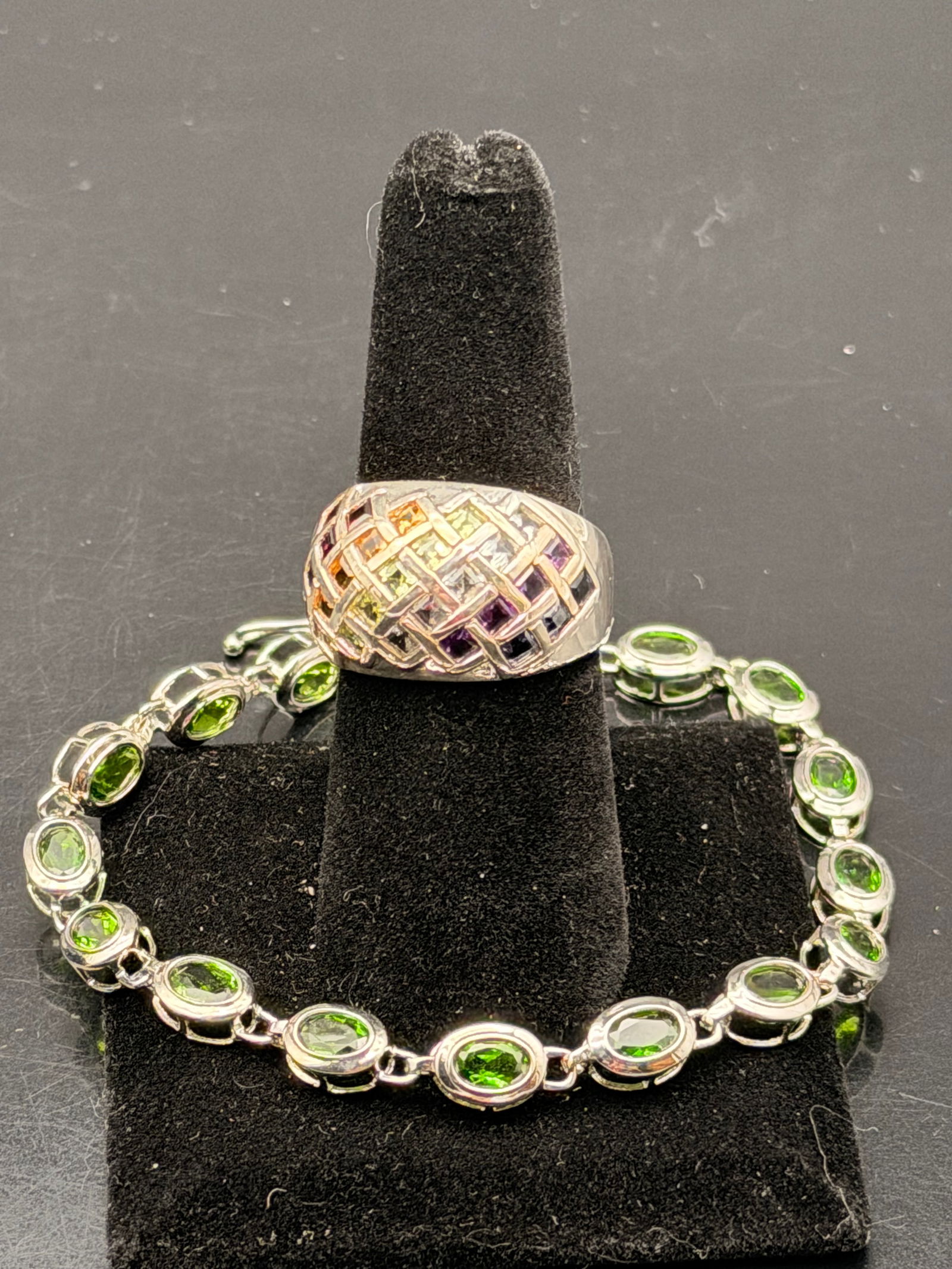 Sterling Silver Jewelry Set – Multicolor Gemstone Ring & Green Peridot Bracelet, 925 Silver (1 of 10)