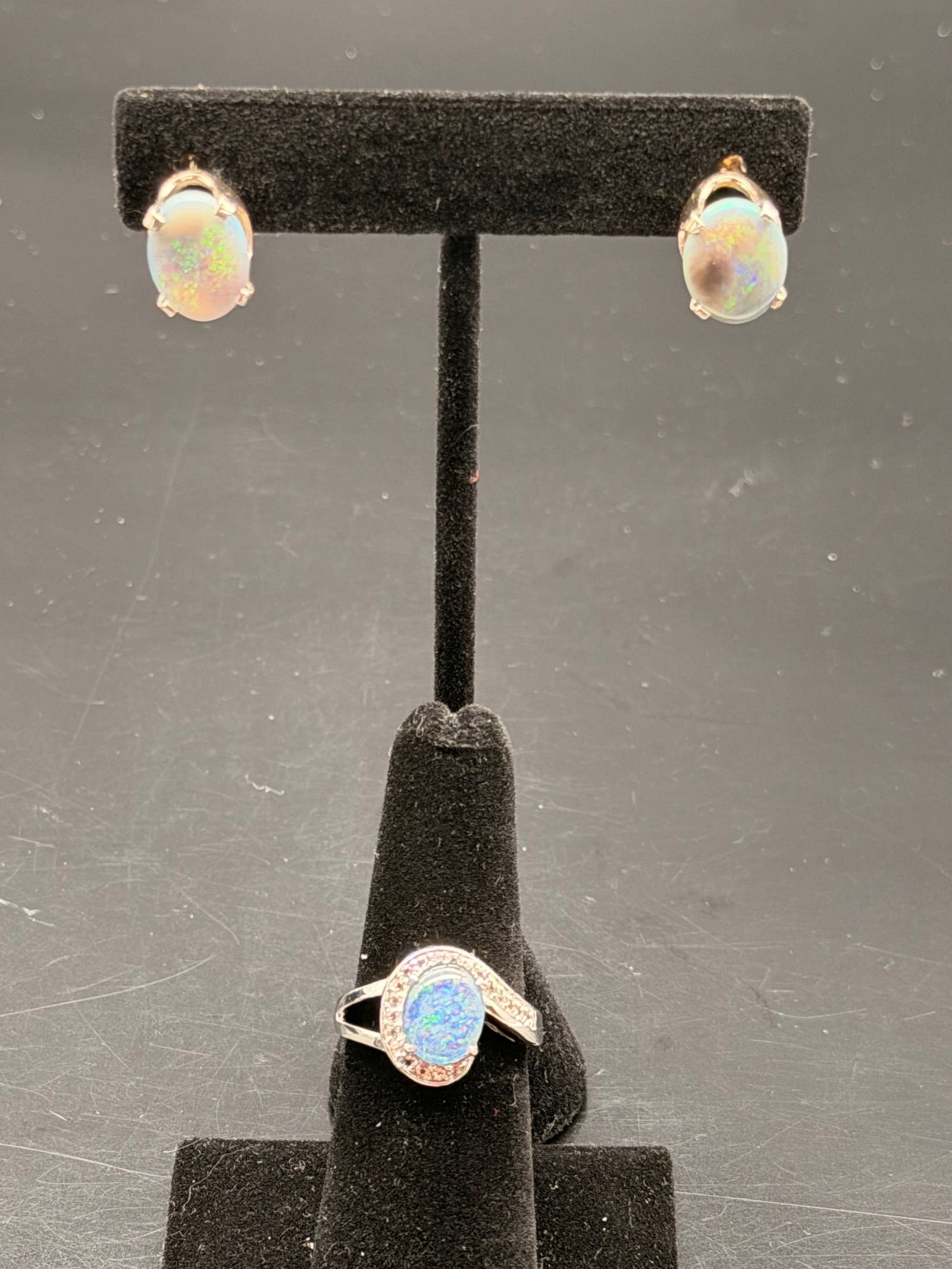 Opal & Sterling Silver Jewelry Set – Ring and Earrings with Iridescent Blue Fire Opals (1 of 12)