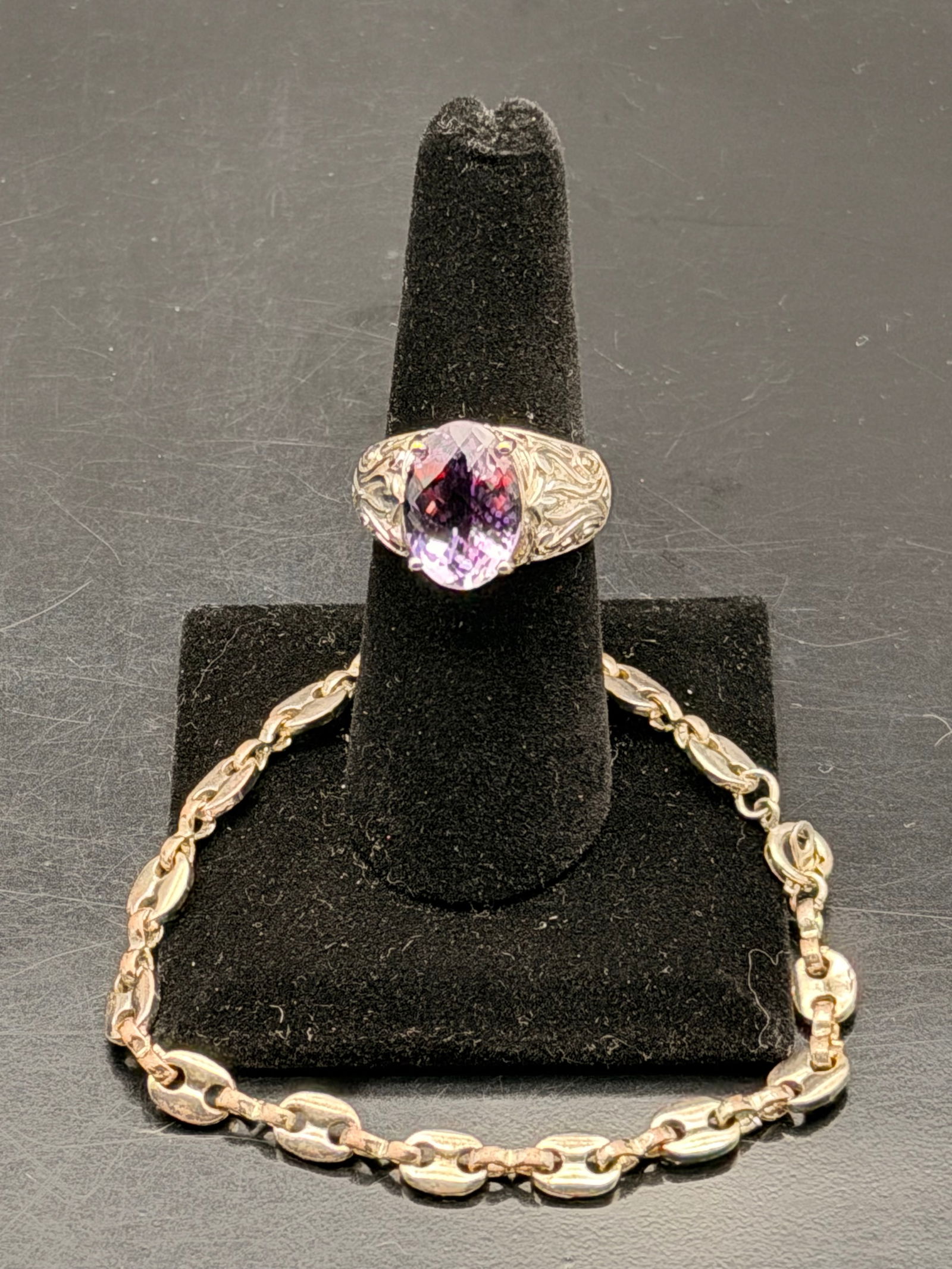 Amethyst Ring & Silver Bracelet Set – Sterling Silver 925, Vintage Ornate Design (1 of 10)