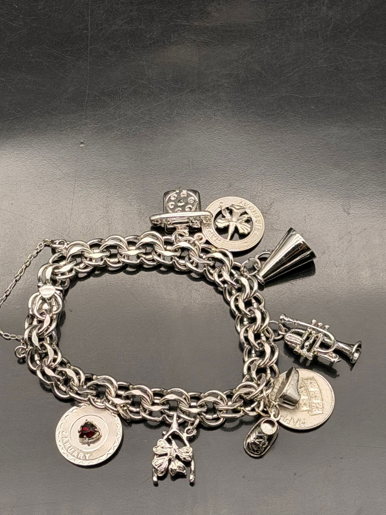 Vintage Elco Sterling Silver Charm Bracelet – 42g, Spencer Charms, January Birthstone, Music &: Beautiful vintage Elco Sterling charm bracelet featuring multiple detailed Spencer Sterling charms. Crafted entirely from solid sterling silver (.925) and weighing a substantial 42 grams, this collect