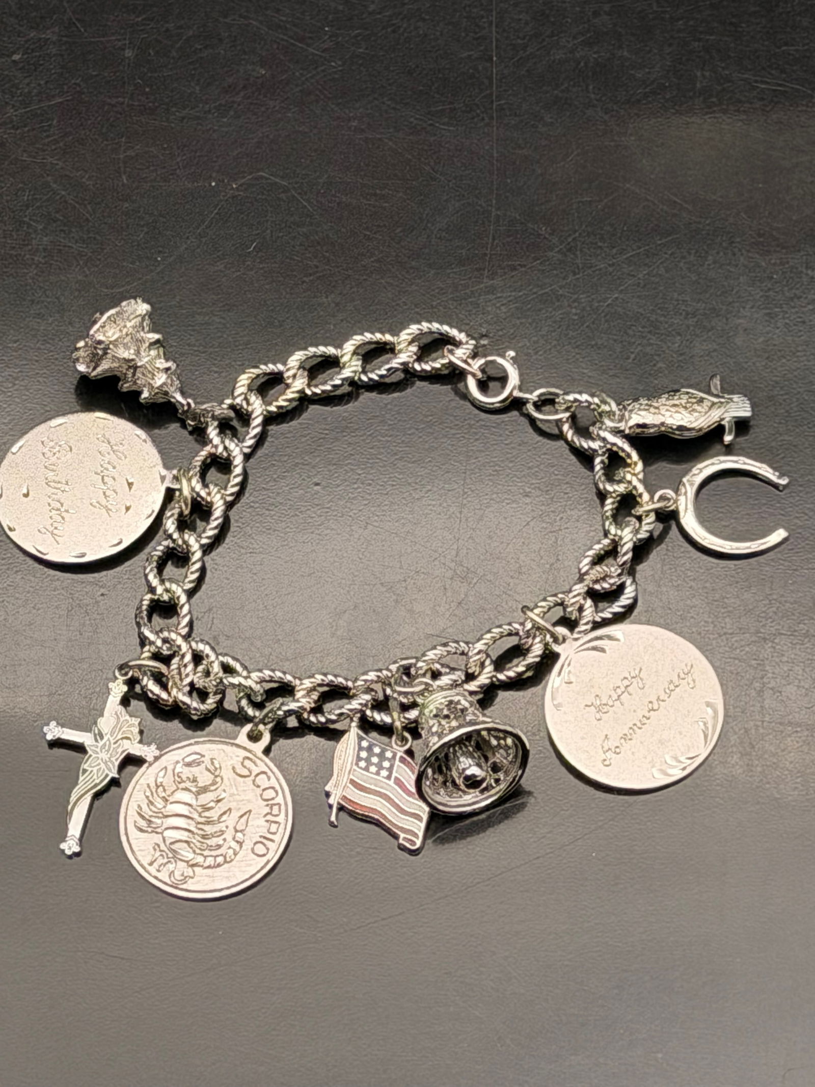 Vintage AJS Sterling Silver 925 Charm Bracelet – 35g, Liberty & Flag Charms, Horseshoe & Owl (1 of 5)