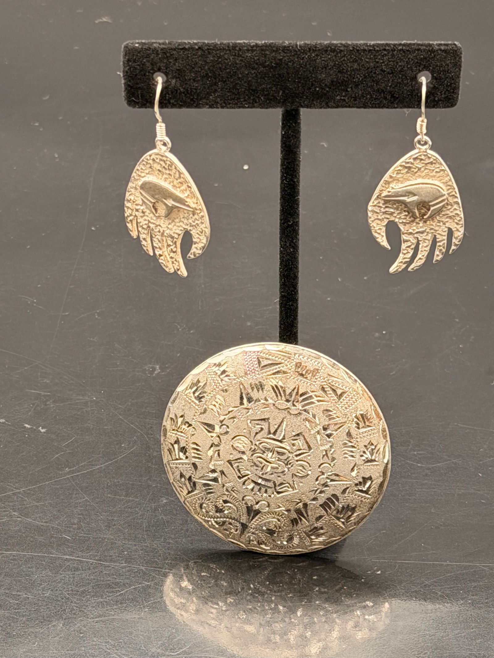 Sterling Silver Aztec Sun Brooch & Bear Paw Earrings Set (1 of 8)