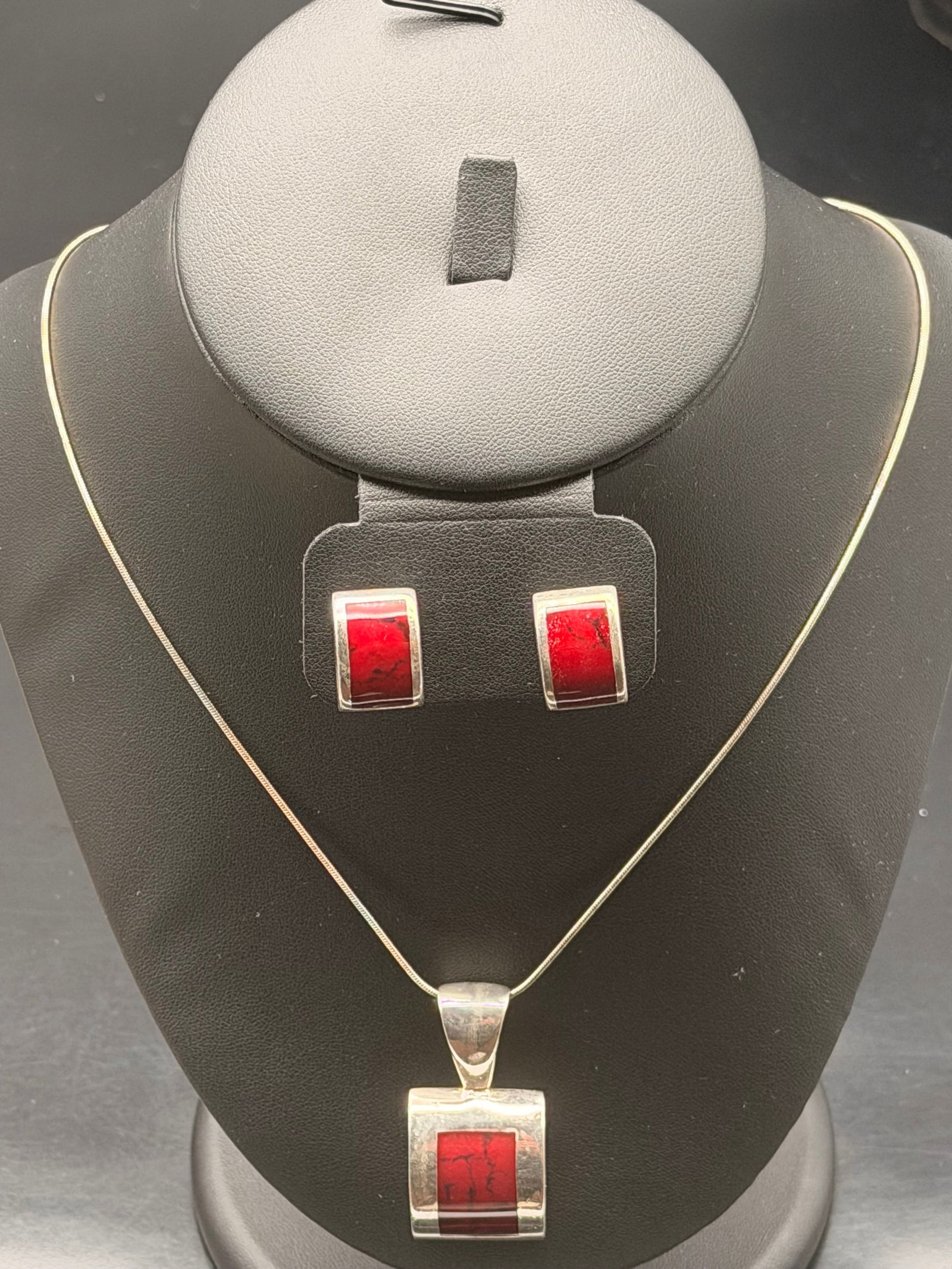 925 Sterling Silver Red Coral Inlay Jewelry Set – Necklace & Earrings (27g) (1 of 7)