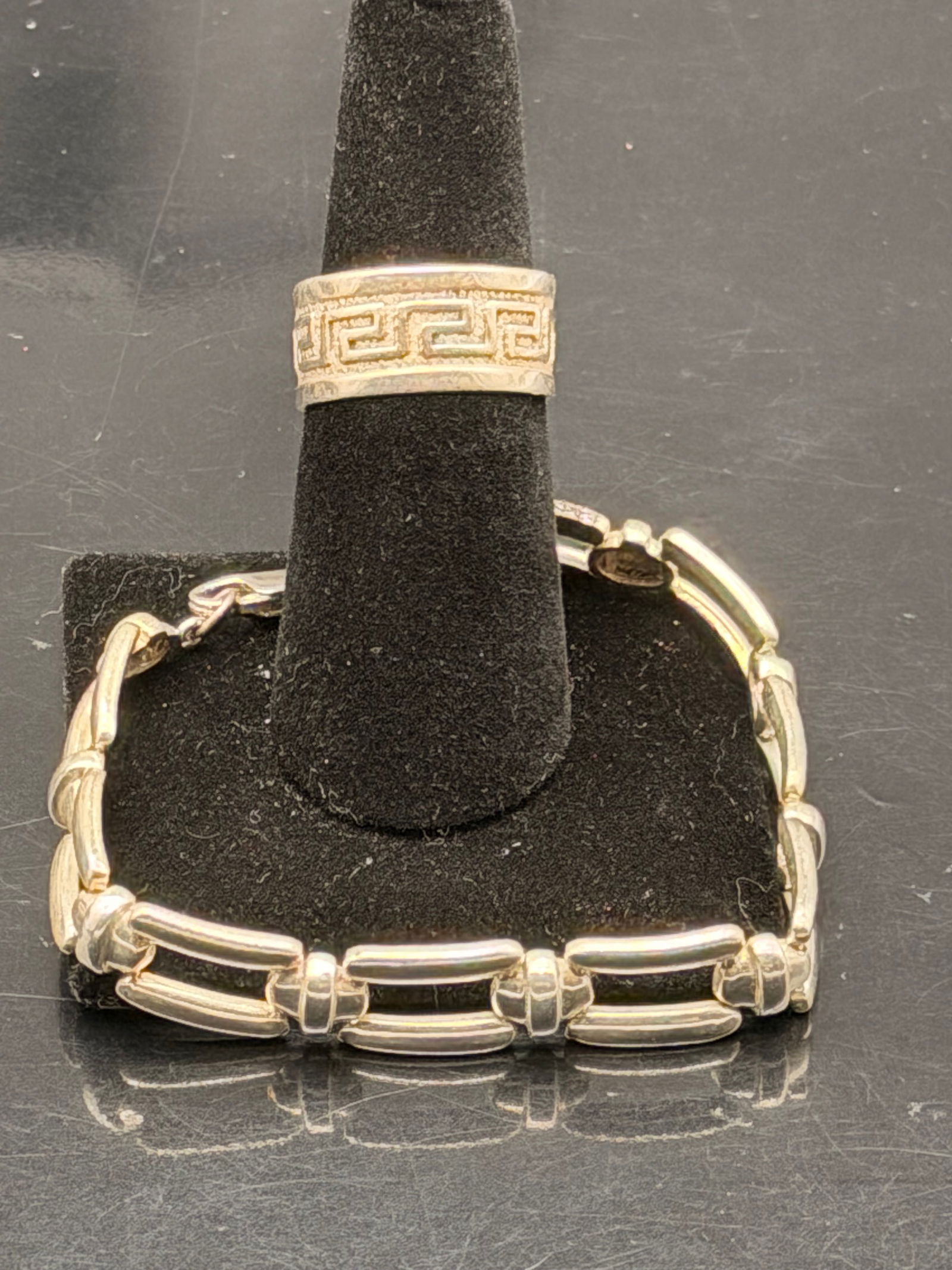 Vintage Sterling Silver Set – Greek Key Ring & Link Bracelet, 21g (1 of 9)