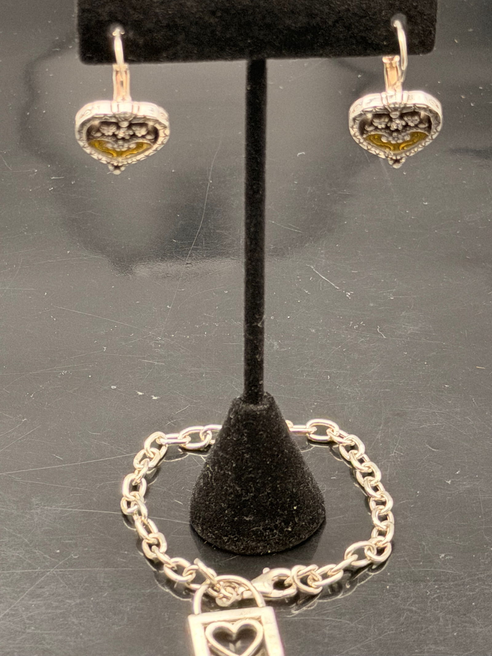 Vintage Sterling Silver Heart Charm Bracelet & Earrings Set – Yellow Enamel Accents – 16g Total (1 of 7)