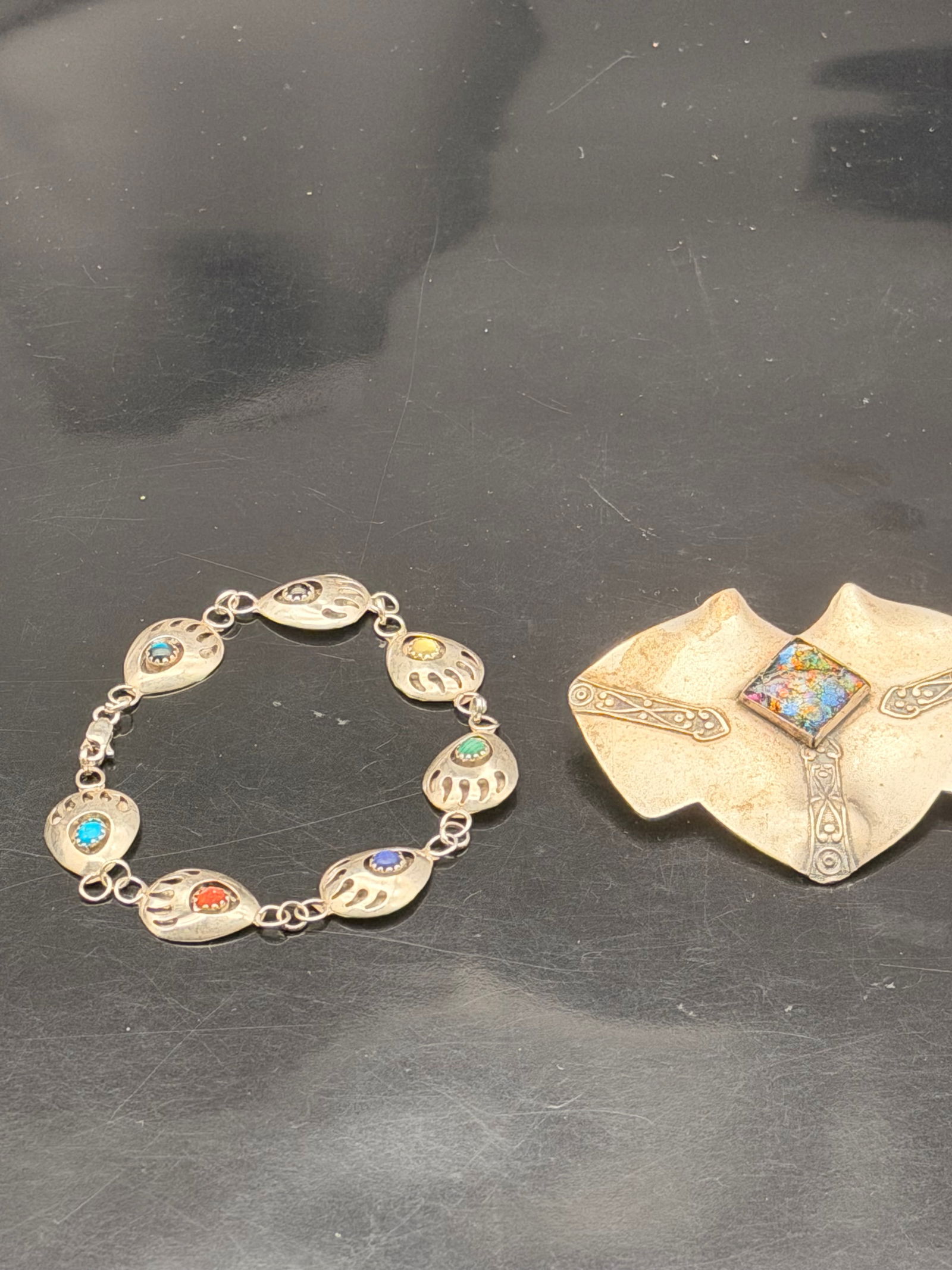 Vintage Sterling Silver Jewelry Lot – Multi-Stone Bear Paw Bracelet & Art Glass Brooch – 28g (1 of 7)