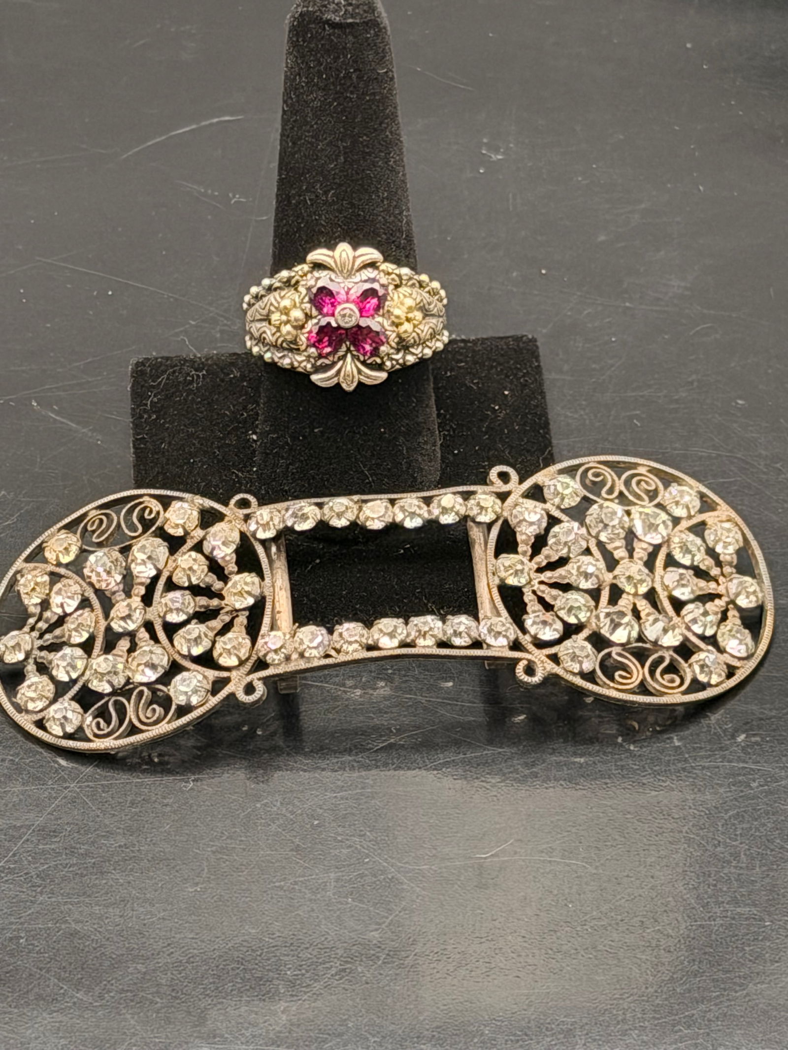 Vintage Sterling Jewelry Pair – Bali 925 Pink Gemstone Ring & Rhinestone Filigree Brooch Buckle (1 of 11)