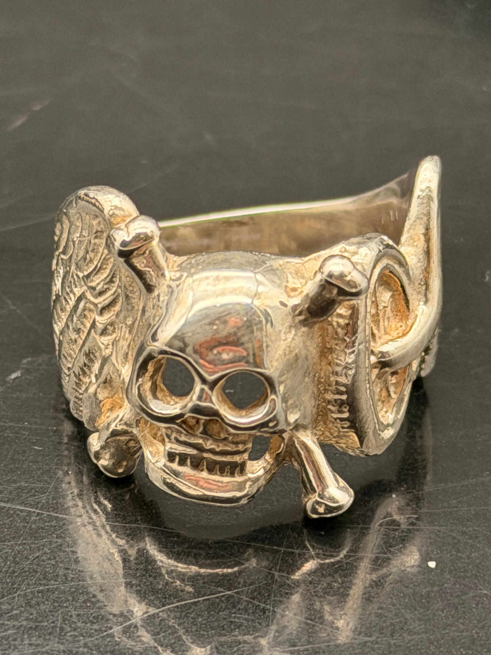 Sterling Silver 925 Skull & Crossbones Winged Biker Ring – Heavy Gothic Design (1 of 6)