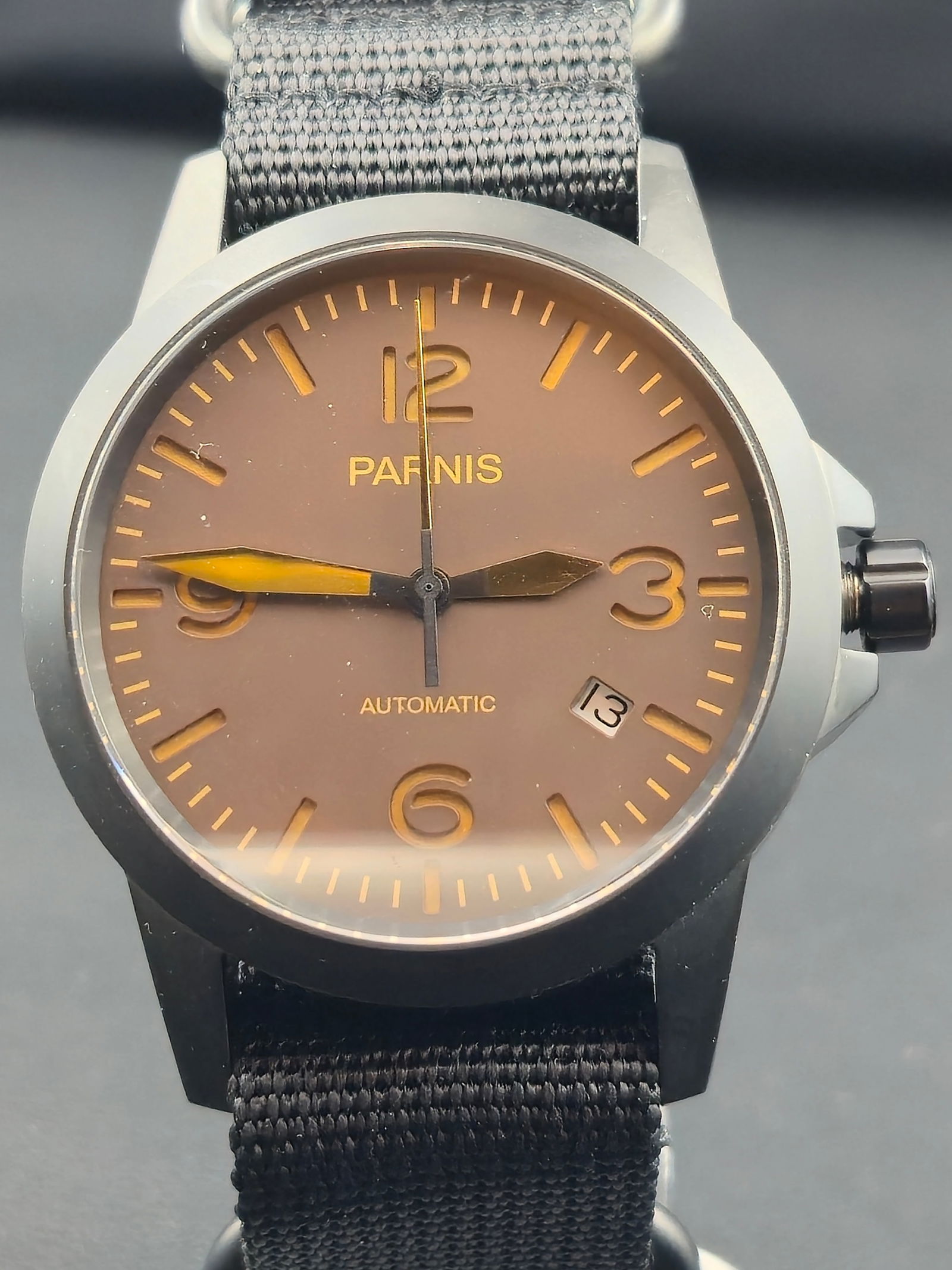 Parnis Automatic 42mm Brown Dial Black PVD Pilot Watch – NOS (1 of 11)