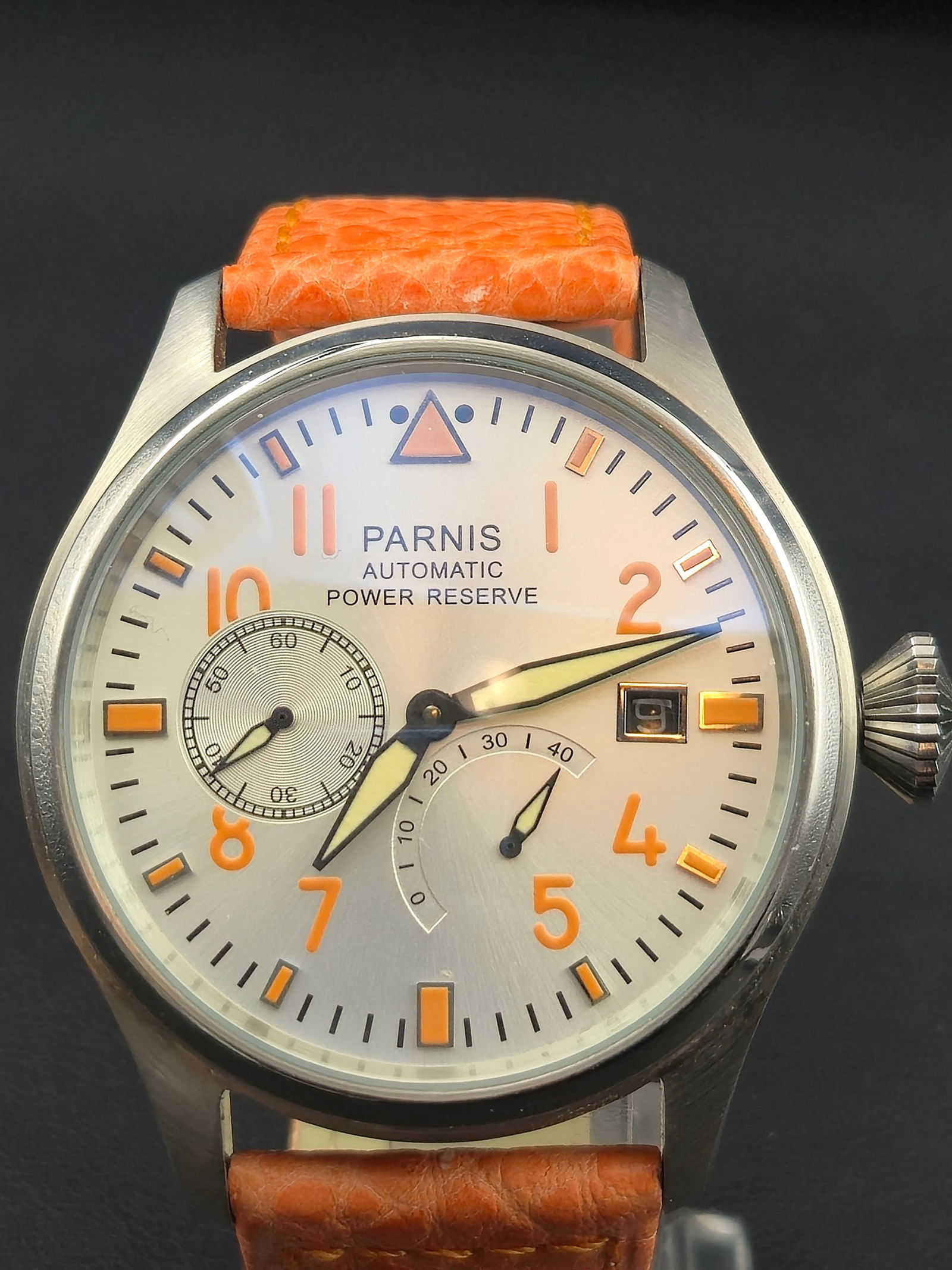 Parnis Automatic Power Reserve 42mm Pilot Watch w/ Orange Dial & Strap – NOS (1 of 8)