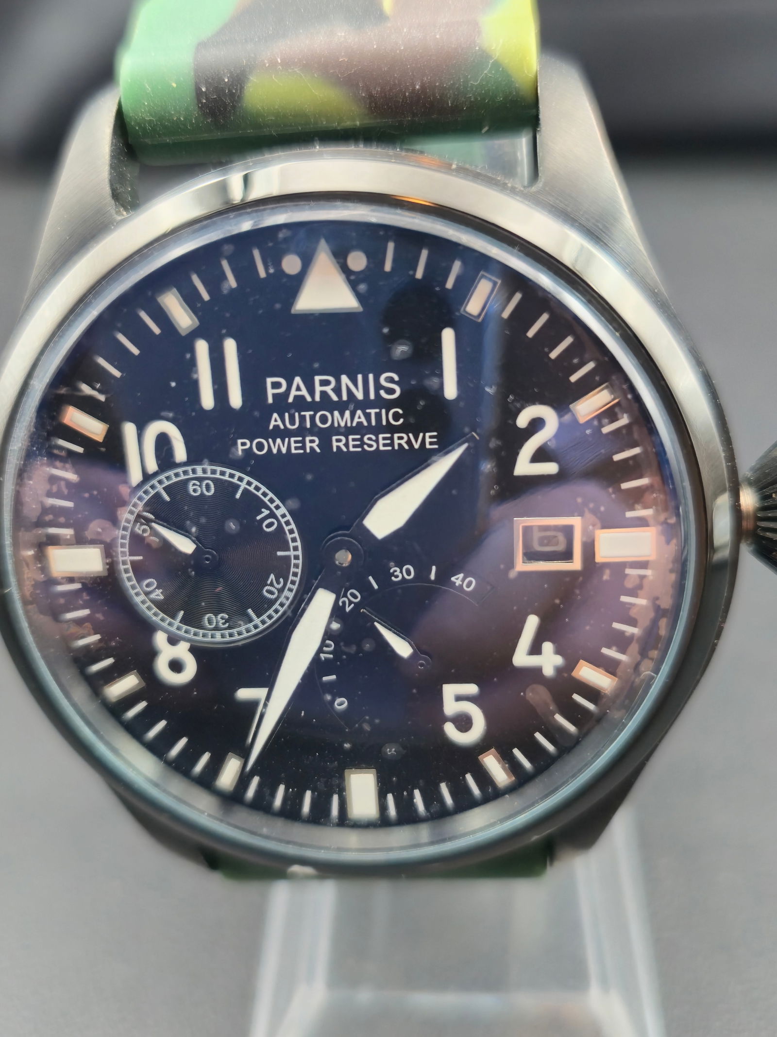 Parnis Automatic Power Reserve Pilot Stainless Steel Watch (46 mm, Display Back, NOS (1 of 9)