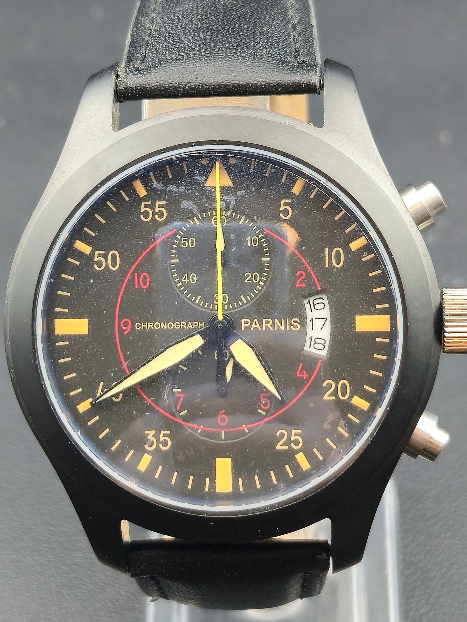 Parnis Model 2101 Pilot’s Chronograph 46 mm Black Quartz – NOS, New Battery (1 of 8)