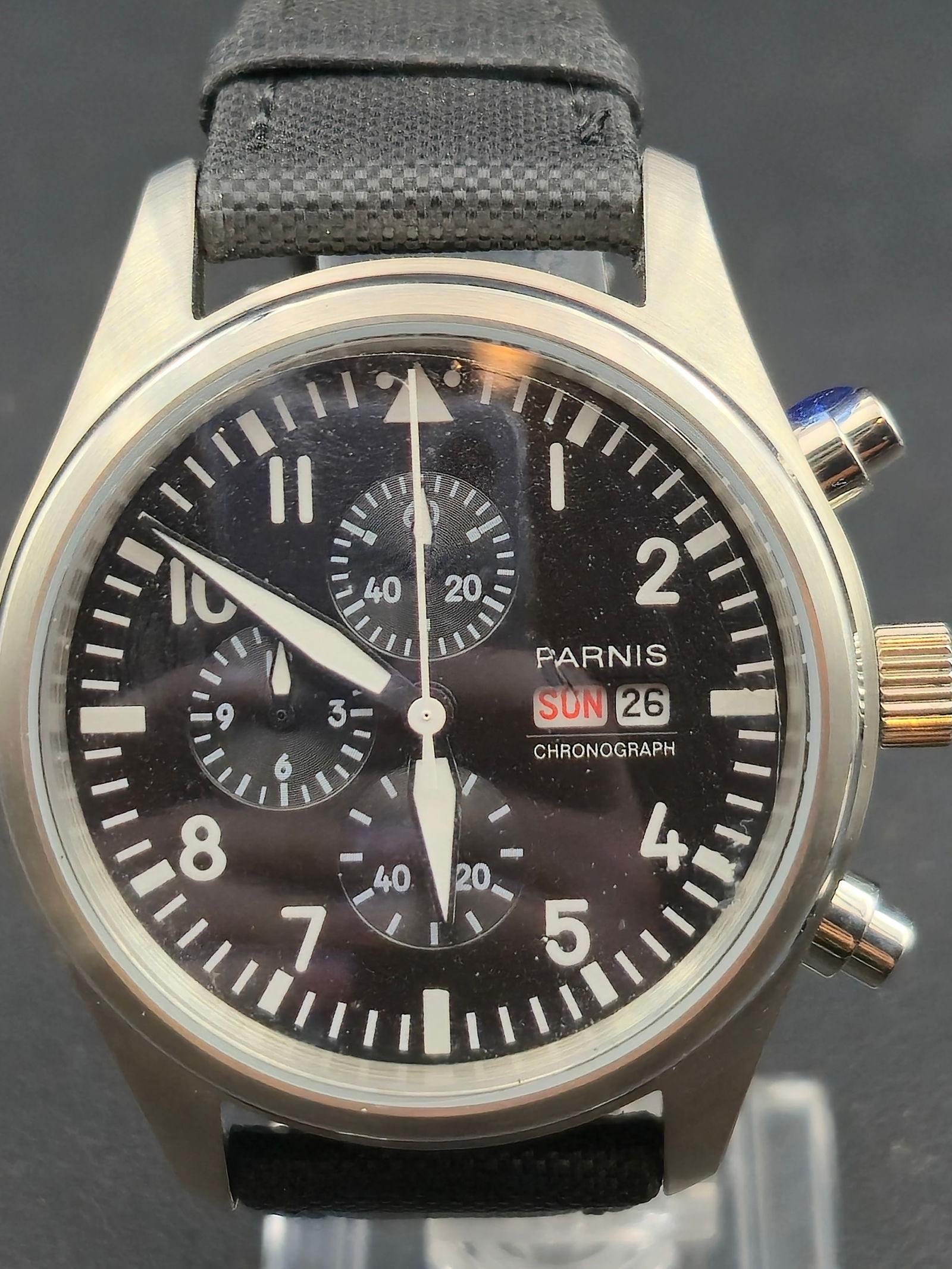 Parnis Chronograph Pilot Quartz 42mm Black Dial NOS New Battery (1 of 9)