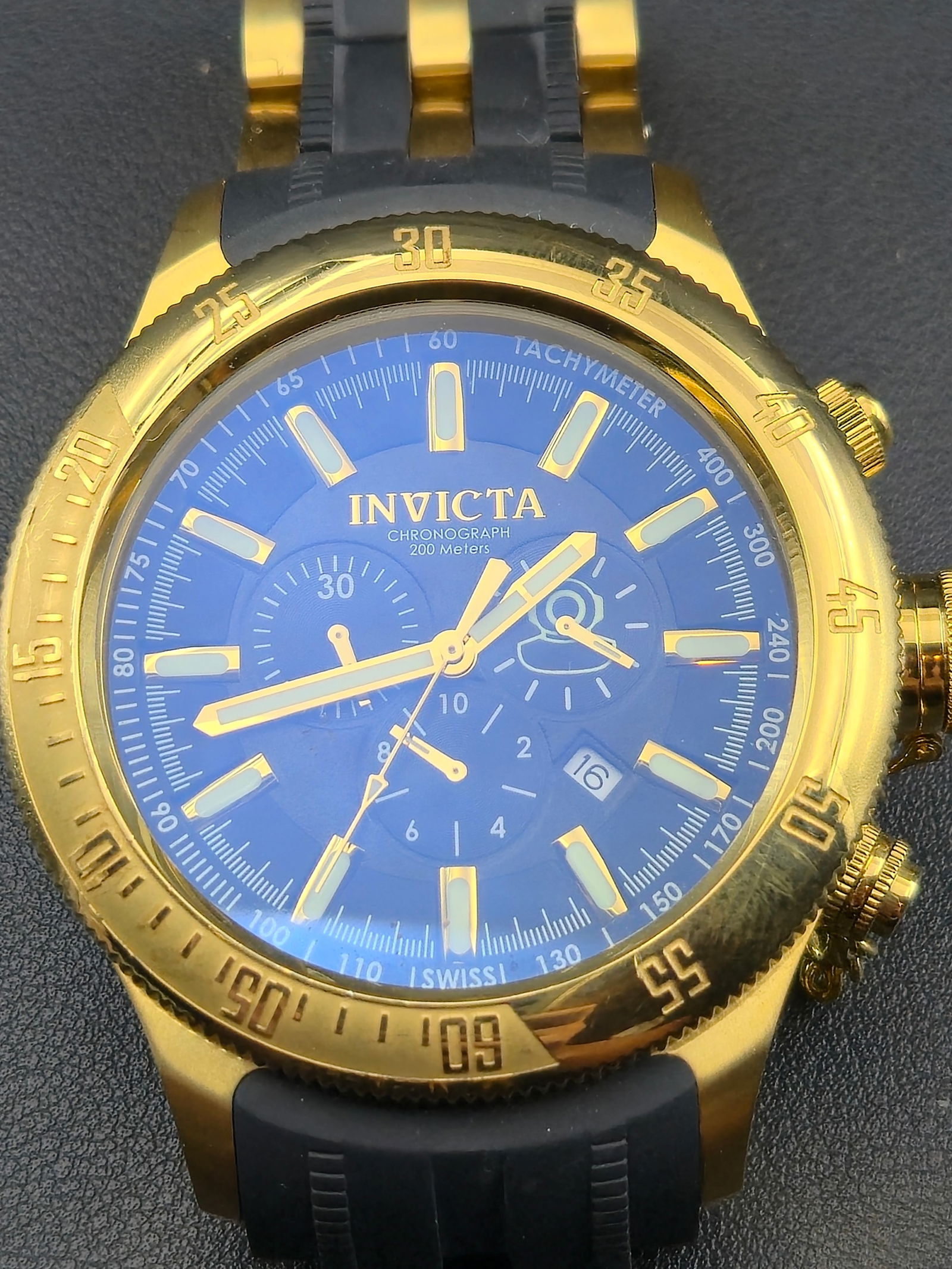 Invicta Russian Diver Chronograph 52mm Gold Blue Dial Swiss Quartz New Battery (Model 5241): Large and eye-catching Invicta Russian Diver wristwatch featuring a brilliant blue chronograph dial with gold luminous markers and tachymeter scale. The massive 52 mm gold-plated stainless-steel case