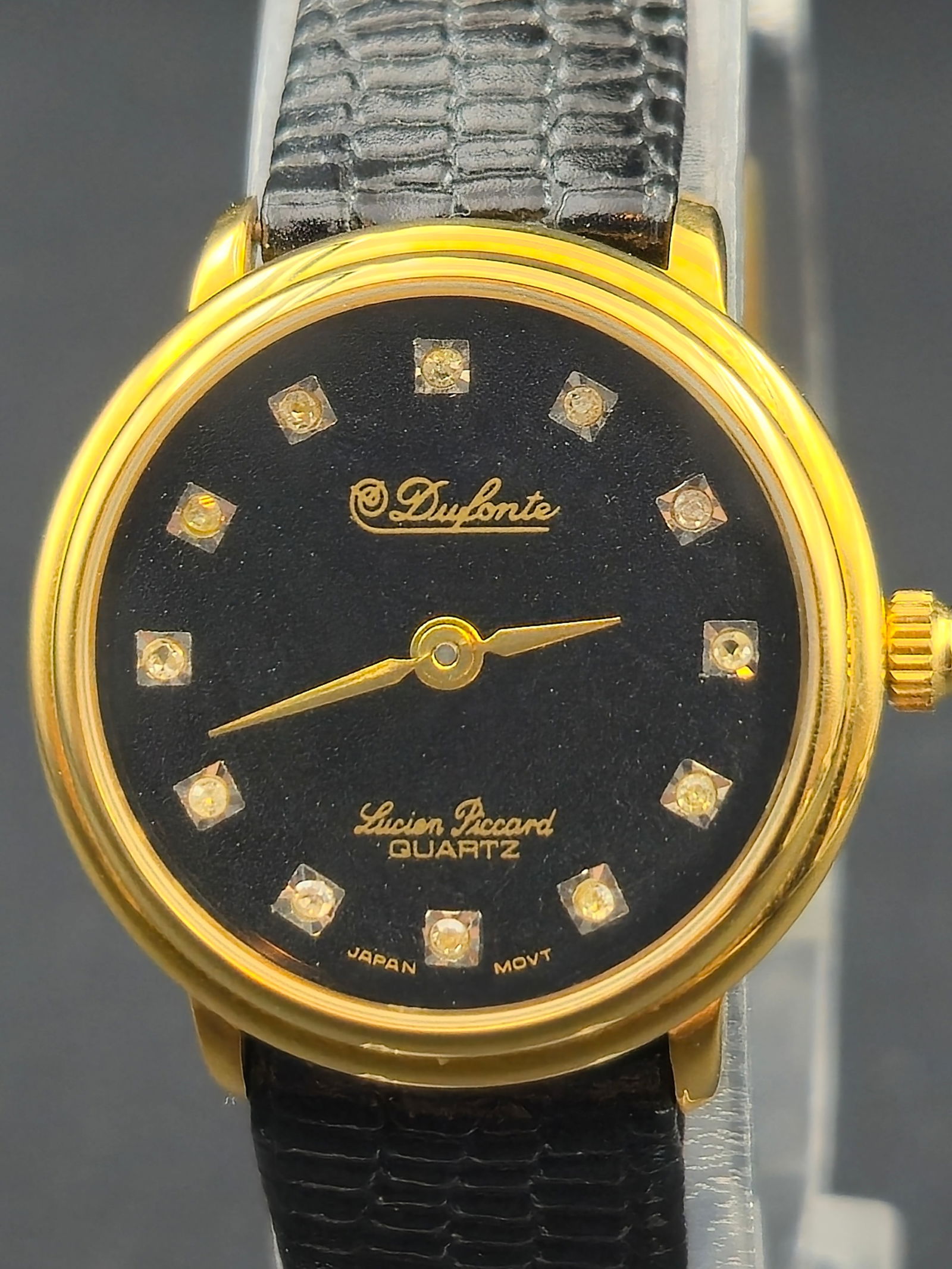 Dufonte by Lucien Piccard Ladies Gold Quartz Watch Black Dial Diamond Markers 24 mm NOS (1 of 11)