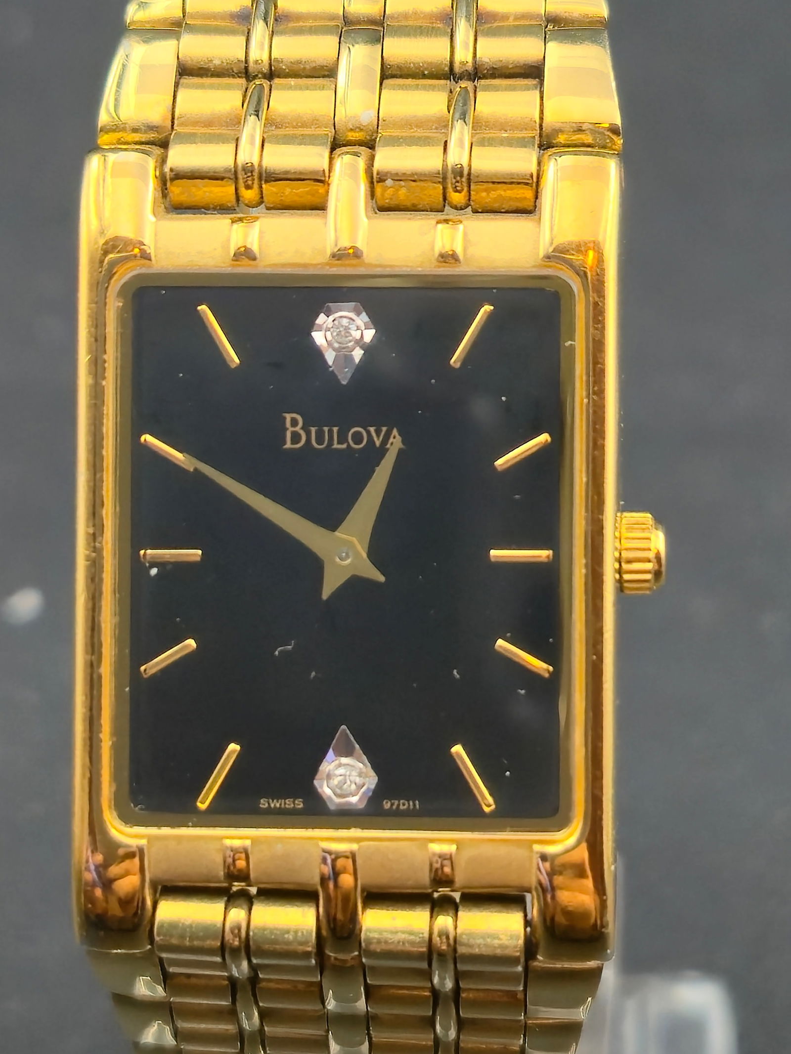 Bulova Quartz T7 97D11 Gold-Tone 23 mm Rectangular Watch with Black Dial & Diamond Accents – New (1 of 9)