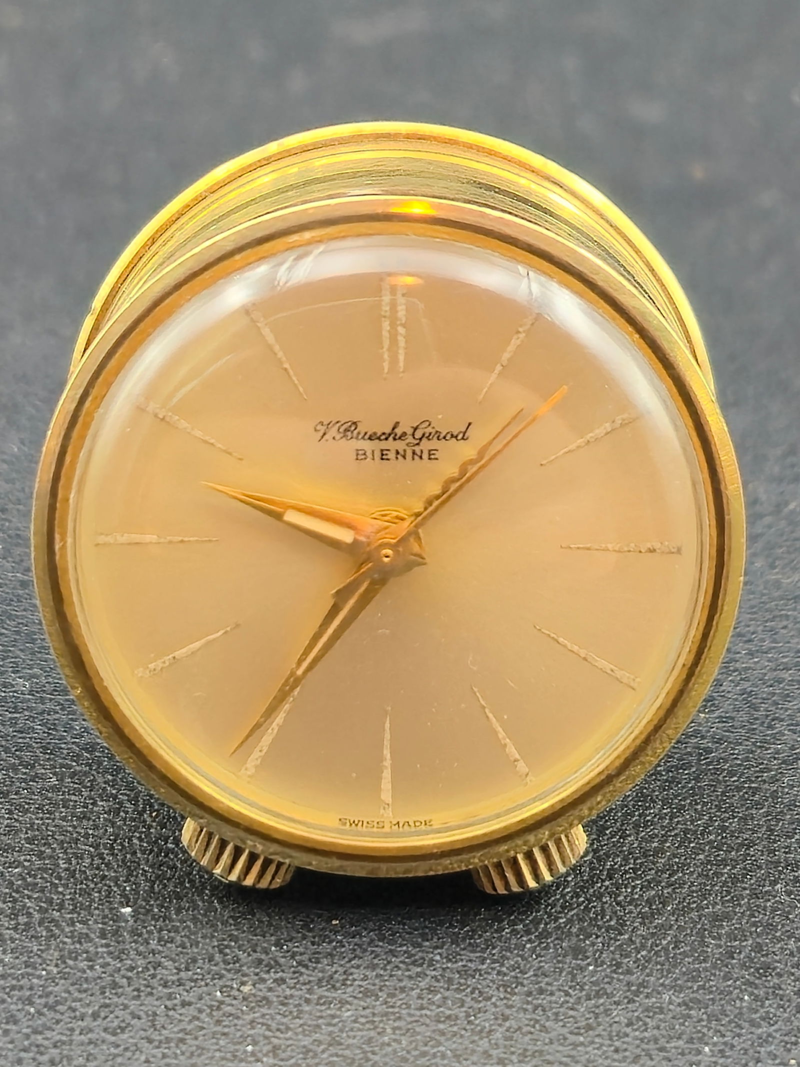 1960s Bueche-Girod 20mm Swiss Desk Alarm Clock w/ Reuge Music Box – 17J Manual Wind, Runs (1 of 9)