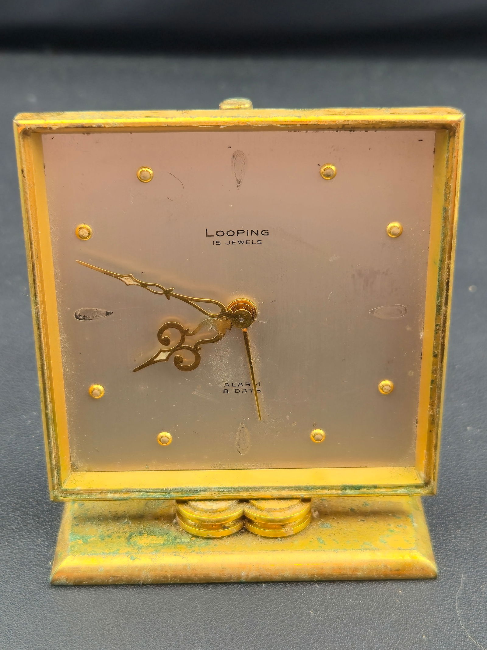 1950s Looping 8-Day Swiss Alarm Clock 15J Gilt Brass Art Deco – Runs (1 of 9)