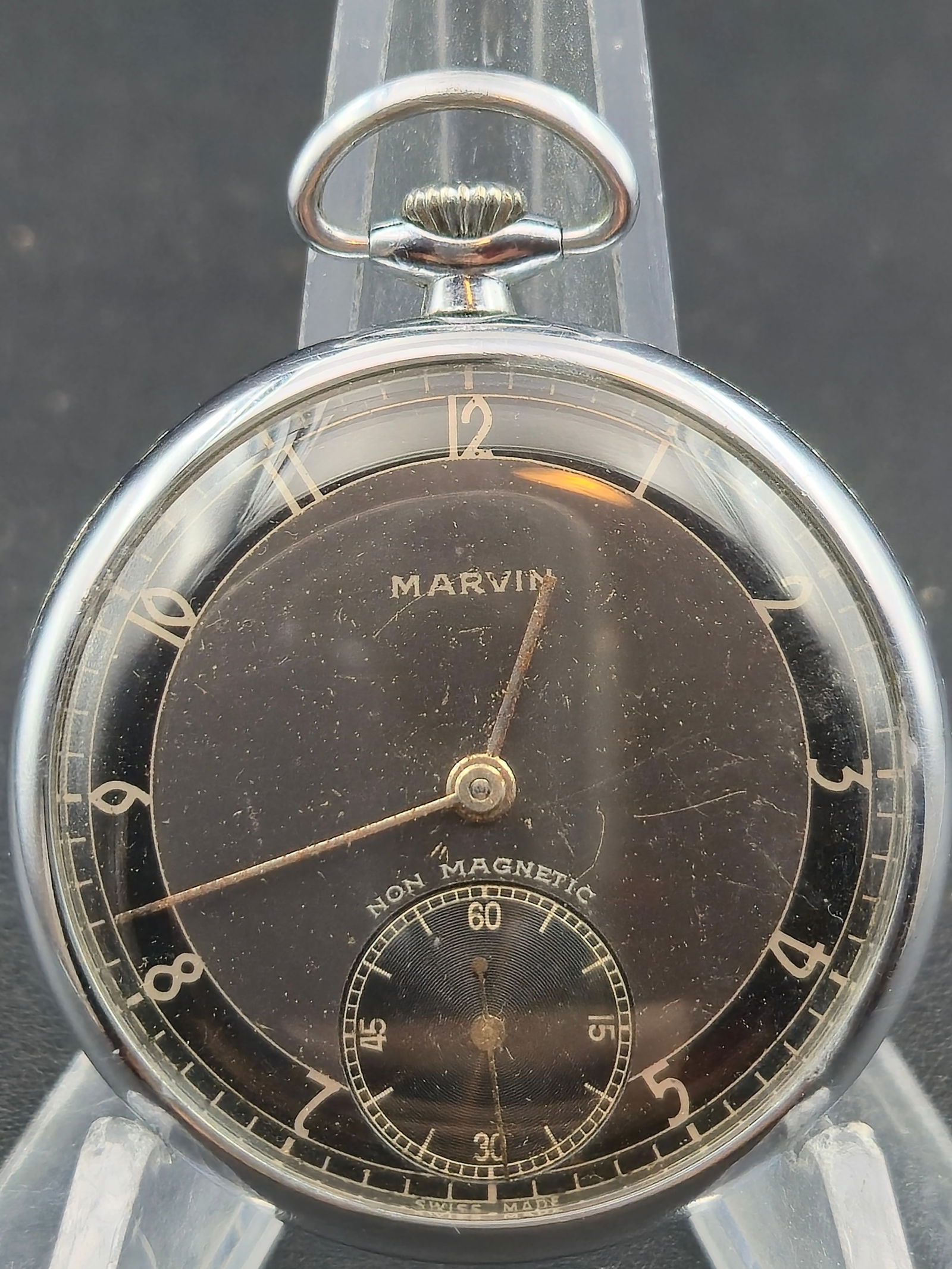 1940s Marvin 43mm Black Dial Pocket Watch – 15J Cal. 890 Swiss Manual Wind w/ Glass Crystal, Runs (1 of 11)