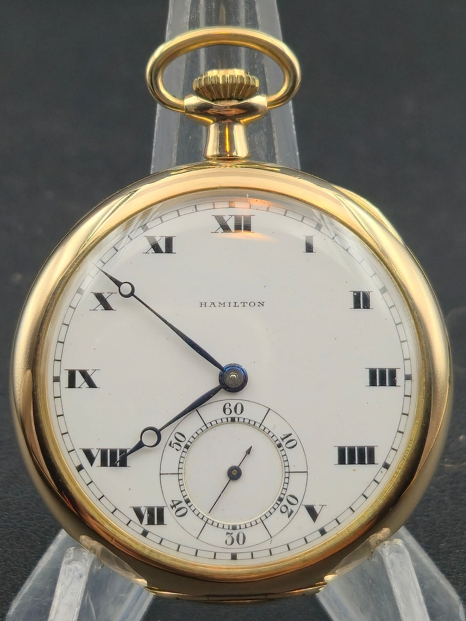 1915 Hamilton Grade 920 12s 23j • Near Mint 14K Gold-Filled Hamilton Case • Running •: Exceptional 1915 Hamilton Grade 920 pocket watch housed in a near mint 14K gold-filled Hamilton “Permanent” case, featuring a clean Roman-numeral enamel dial, blued hands, and a glass crystal.