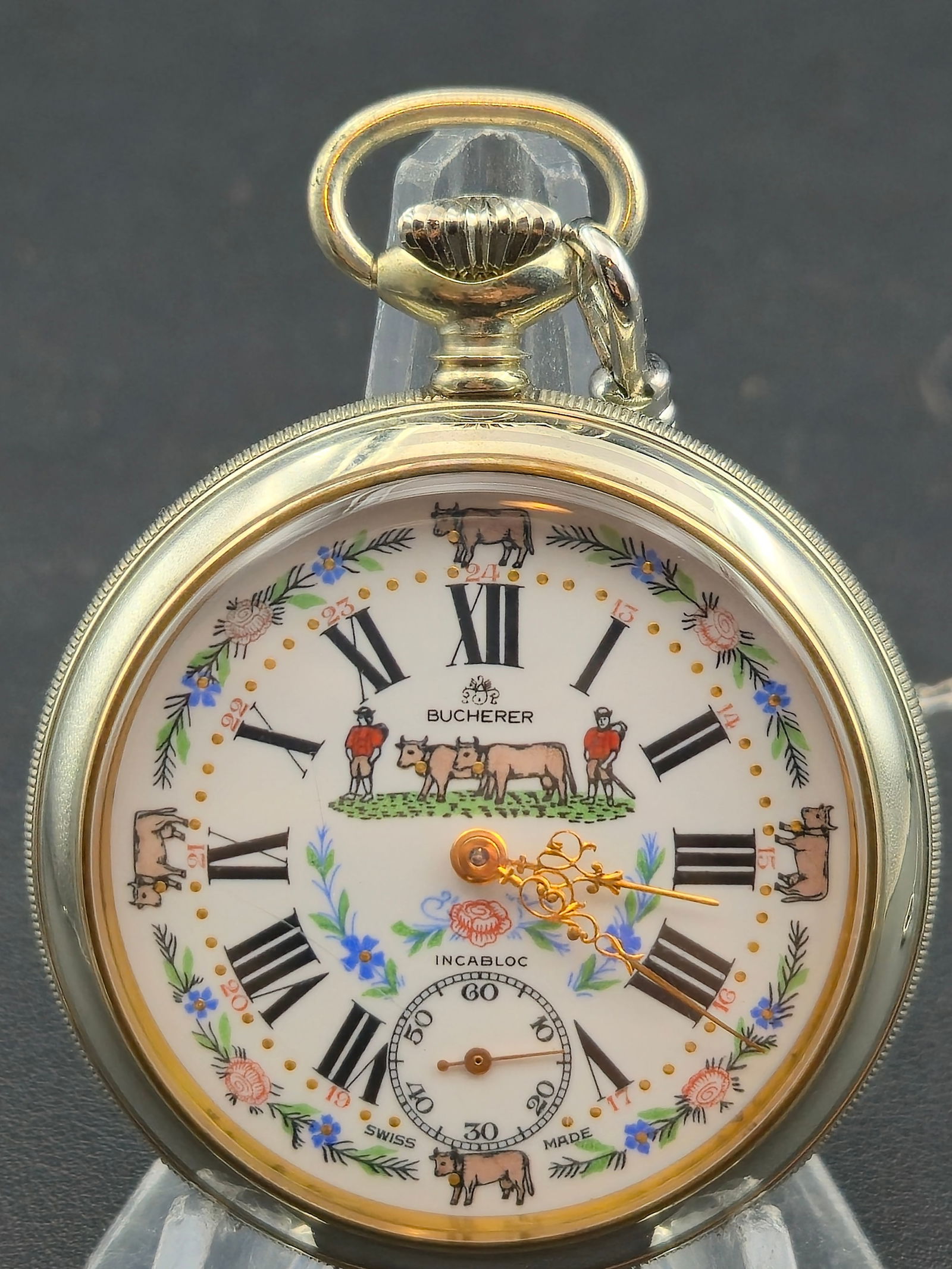 Bucherer 52mm Swiss Farm Scene Pocket Watch 17J ETA 6431 Incabloc Running w/ Chain & Box (1 of 15)