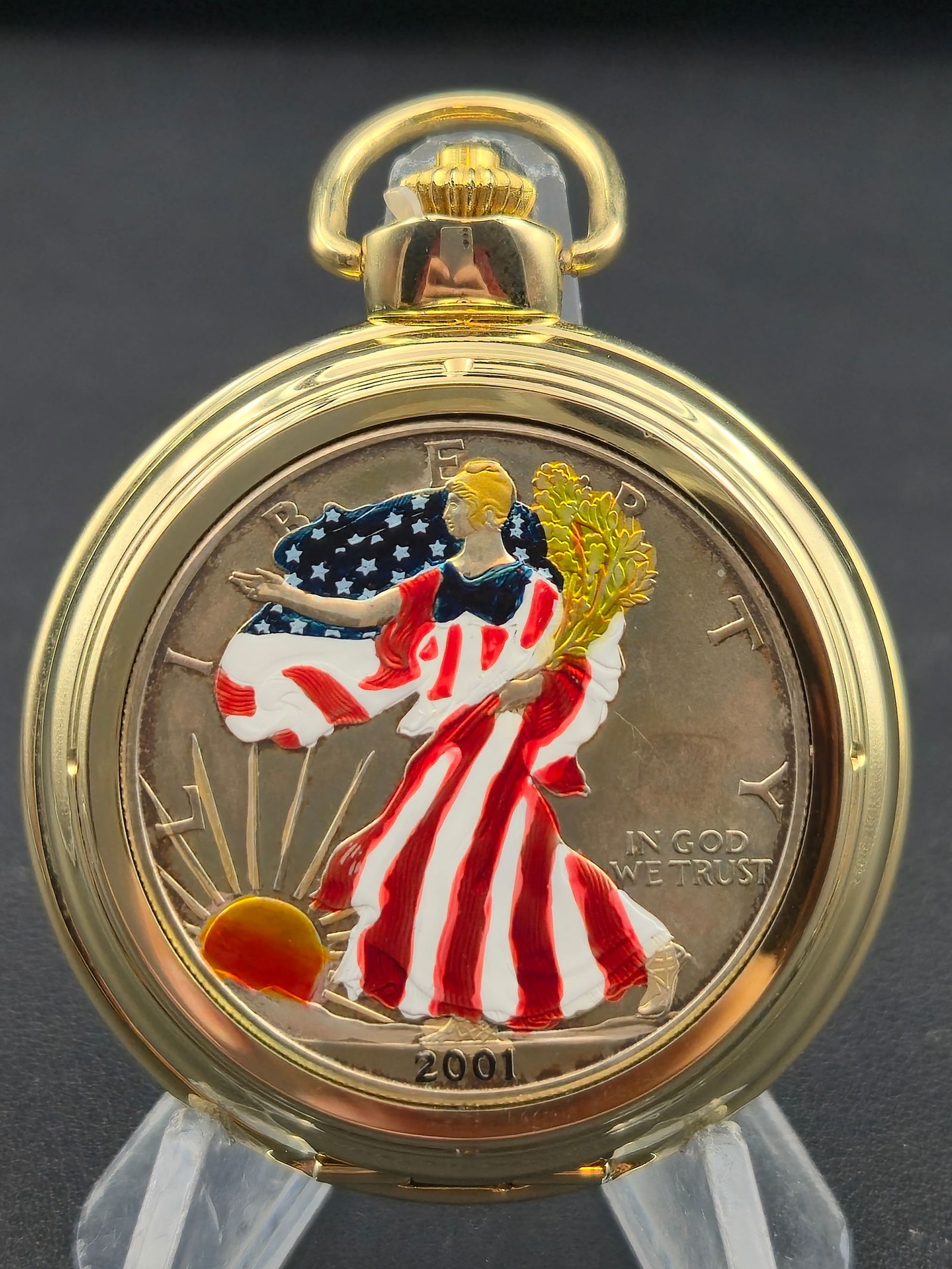 2001 Walking Liberty .925 Silver Eagle 1oz Pocket Watch Gold-Tone Case New Battery (1 of 6)