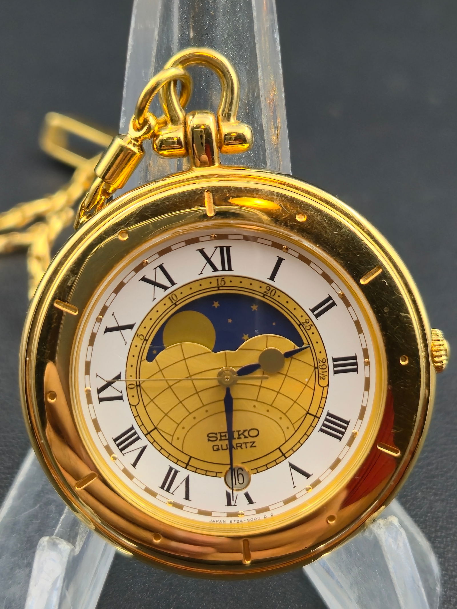 Seiko Quartz Moonphase Pocket Watch – 41mm Gold-Tone Case w/ Chain – Running (1 of 7)