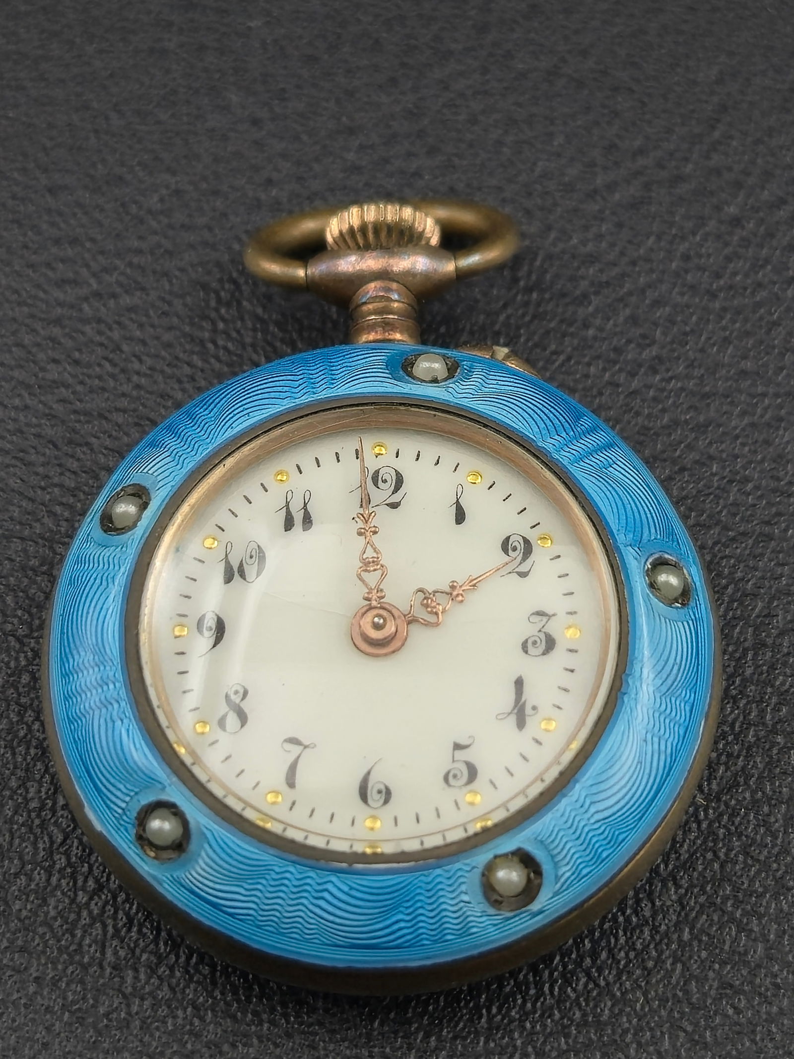 Swiss .800 Silver 27.7mm Blue Guilloché Enamel Pendant Watch w/ Seed Pearls – Running (1 of 8)