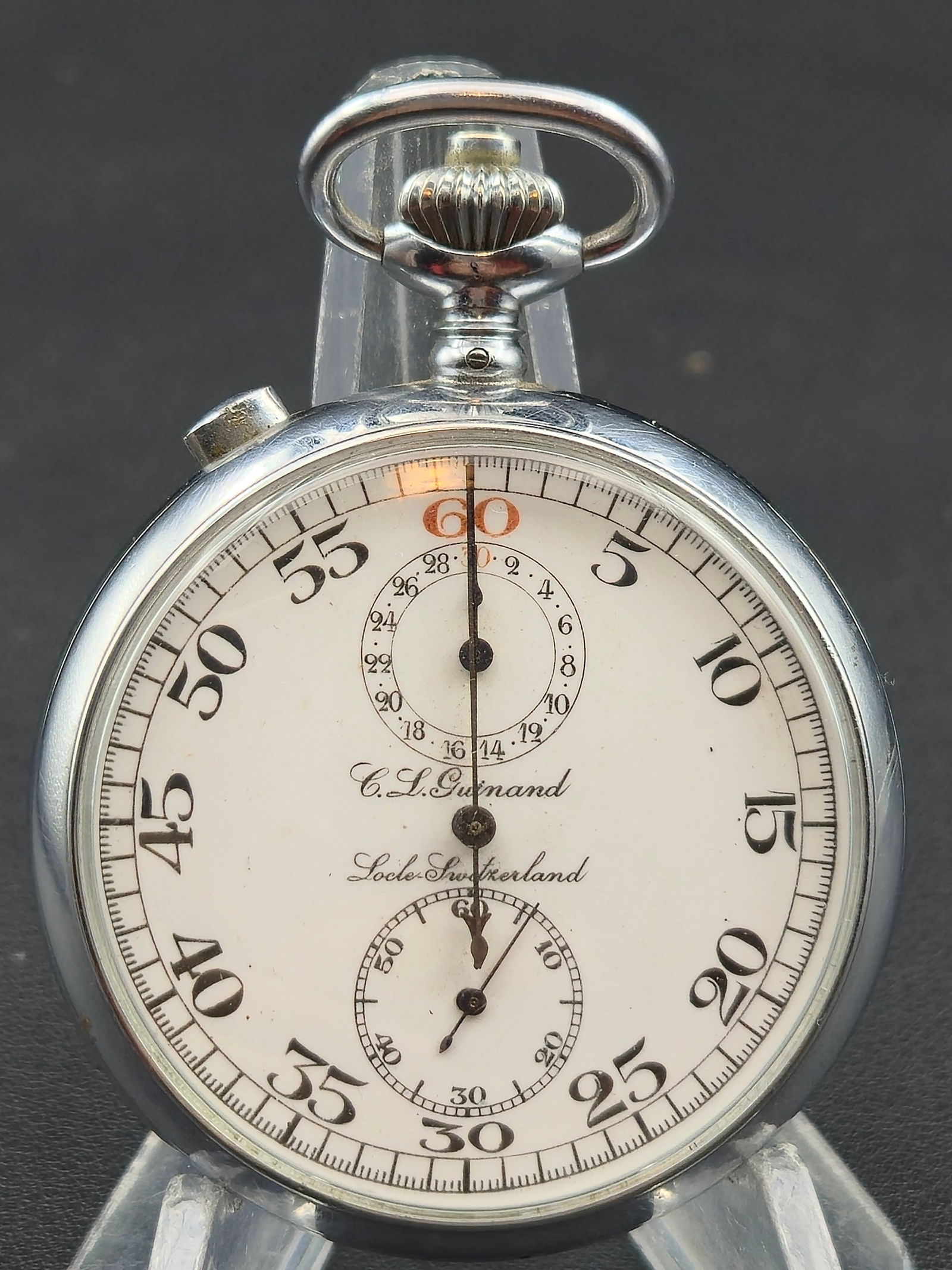 C.L. Guinand Loche Switzerland 49mm Chronograph Pocket Watch – Swiss 15J – Running (1 of 8)