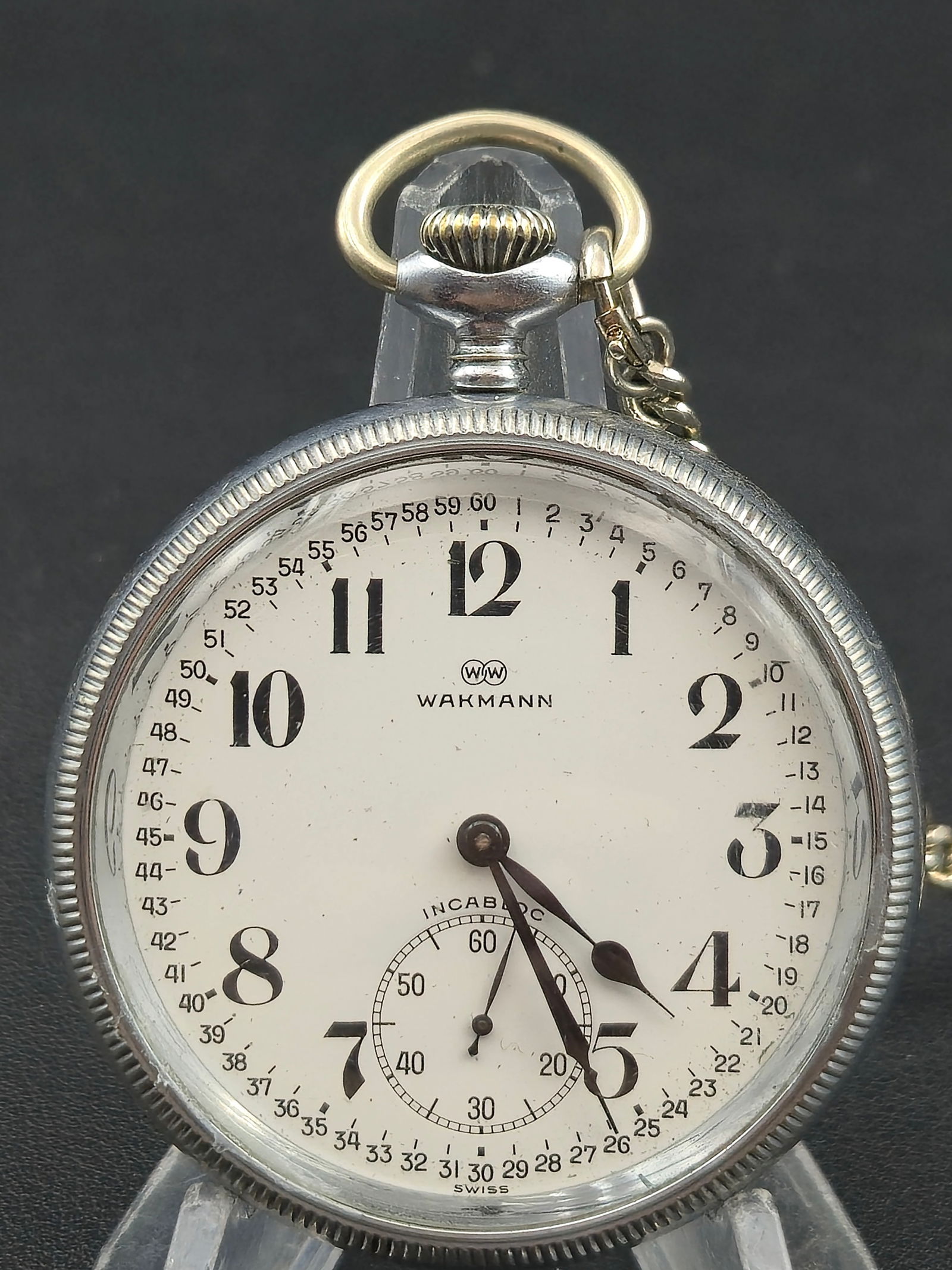 1960s Wakmann Swiss 17J Pocket Watch – 53mm Railroad-Style Dial & Train-Engraved Case – Running (1 of 10)