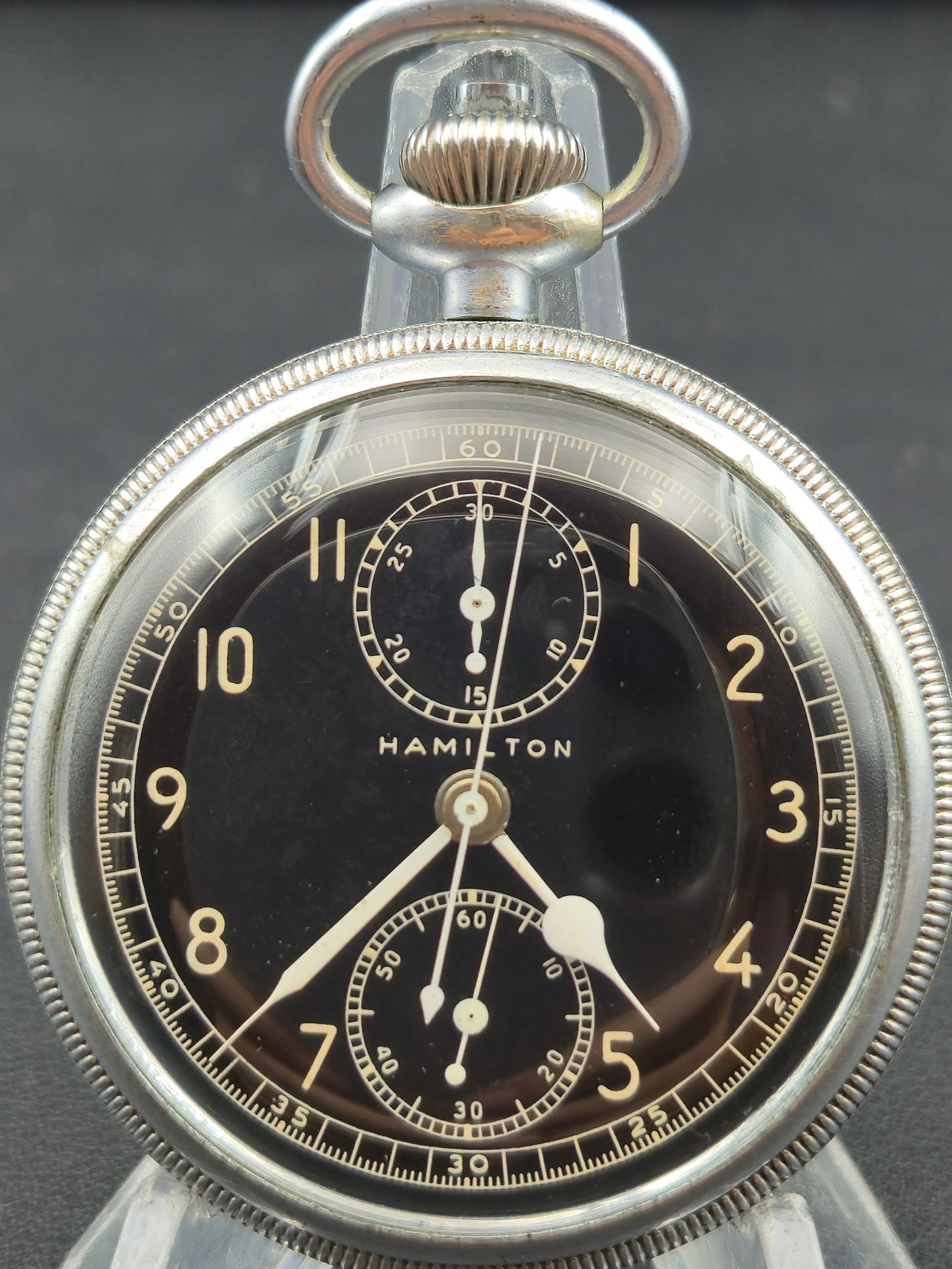 1945 Hamilton Model 23 Military 16s 19J Chronograph Pocket Watch – 52mm Keystone Case – Running (1 of 11)