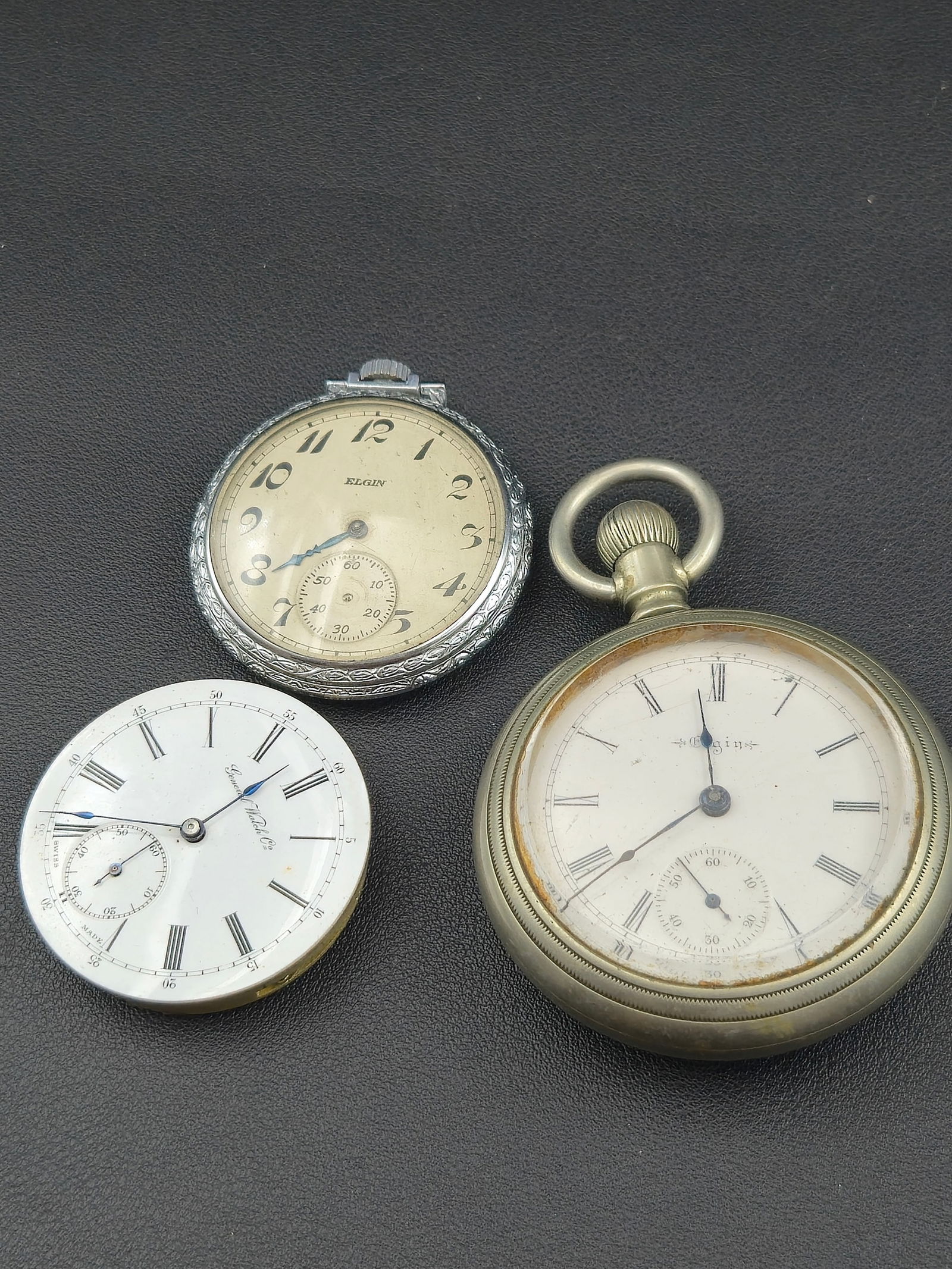 Lot of 3 Antique Pocket Watches – Elgin 12s, Elgin 18s Keywind, Swiss Geneve Watch Co. – (1 of 8)