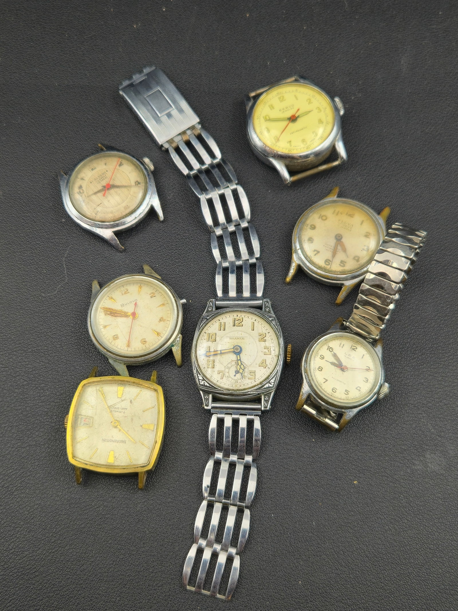 1940s–1970s Lot of 7 Vintage Watches – Roamer, Bulova, Berco, Lee – Untested (1 of 10)