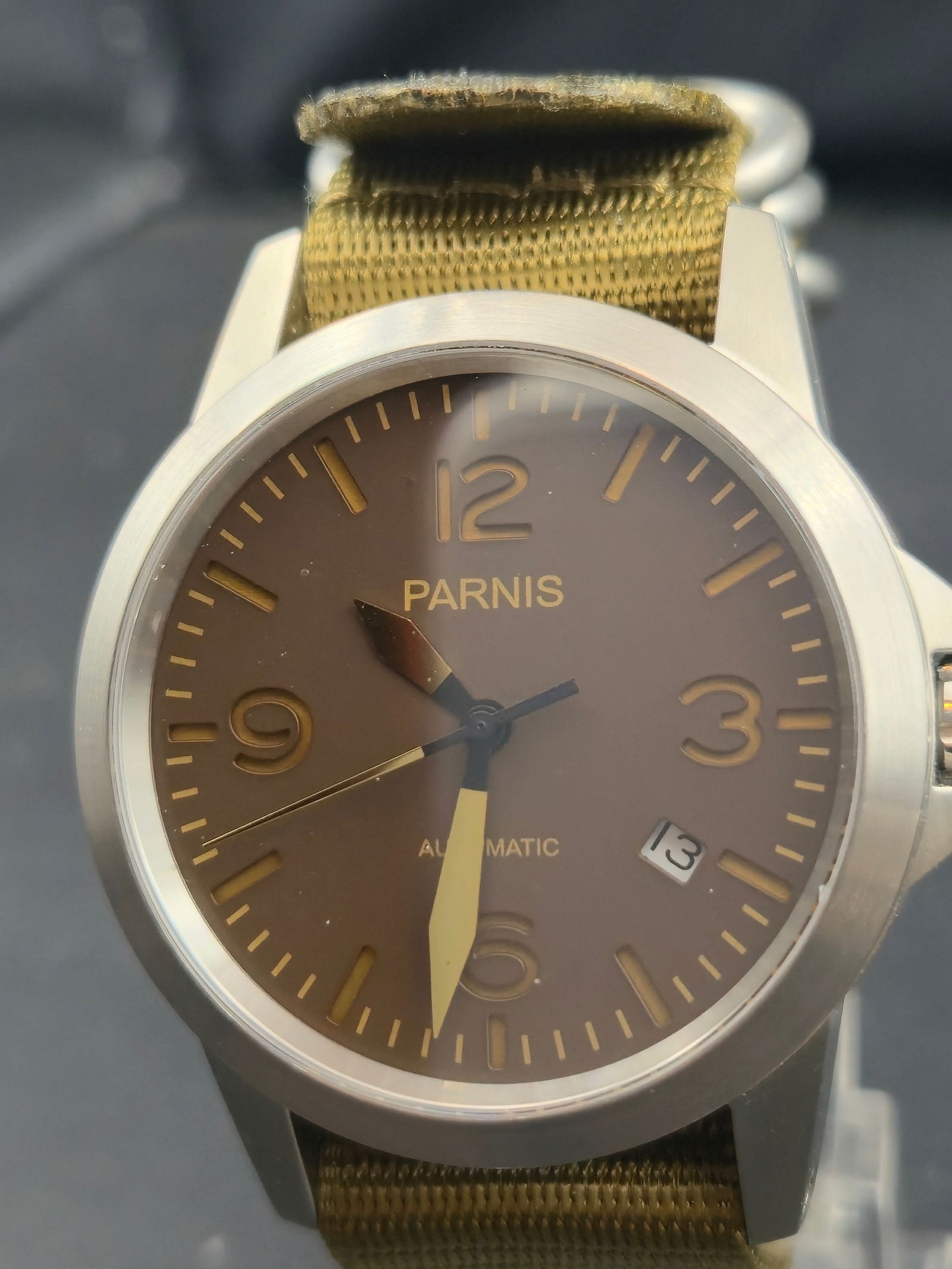 Parnis A6043 Automatic 42mm Field Watch Brown Dial Sand NATO Stainless Steel NOS Runs (1 of 9)
