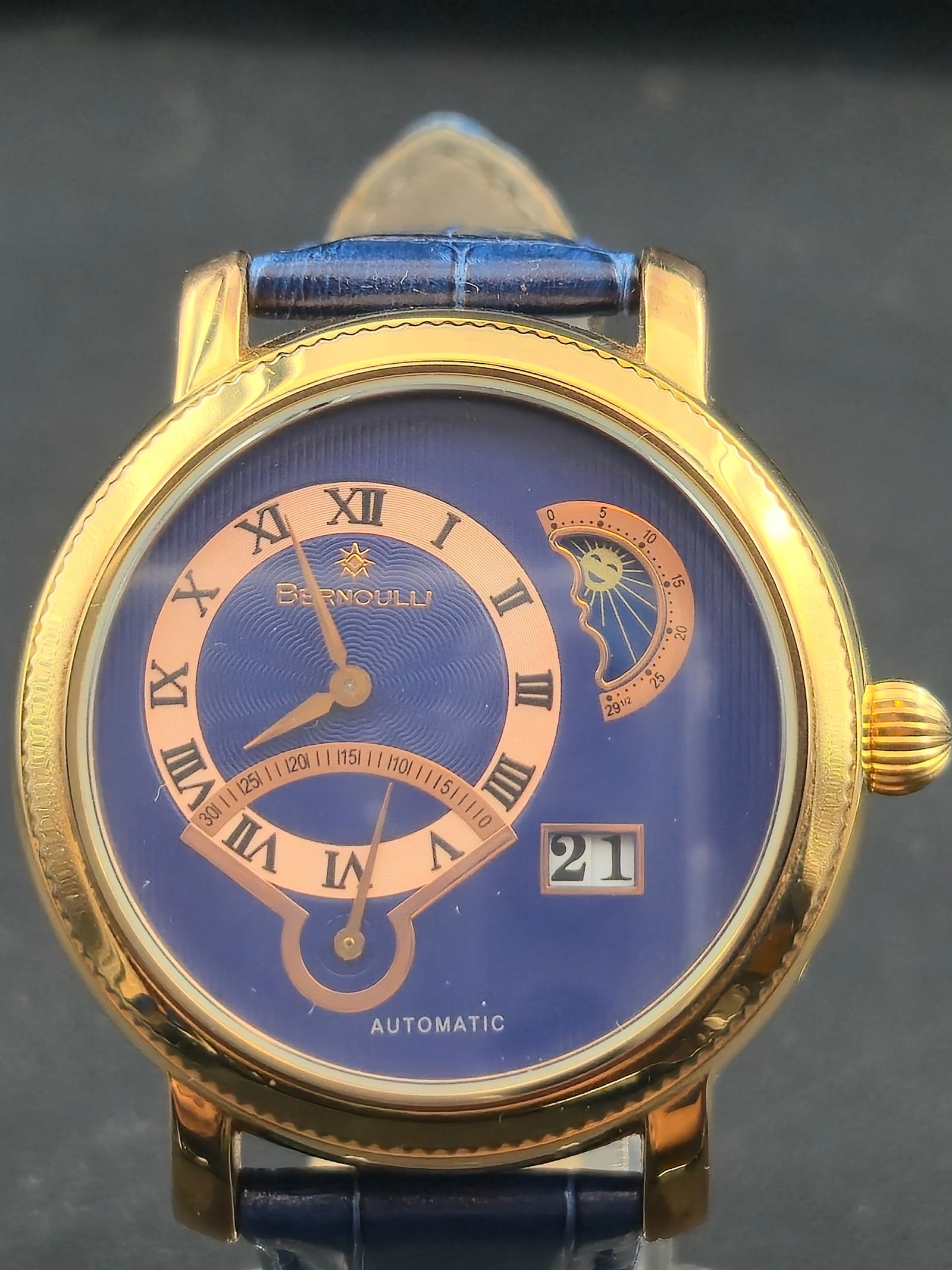 Bernoulli Automatic “Retro Regal” Power Reserve Blue/Gold Watch – 43mm – Mint – Full (1 of 10)