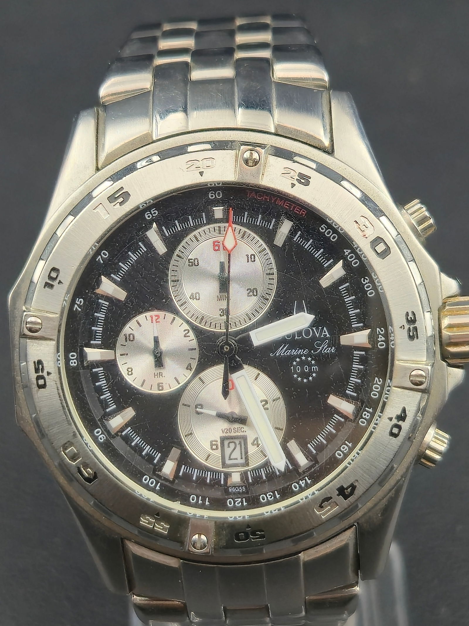 Bulova 44mm Marine Star Quartz Chronograph Stainless Steel Watch – New Battery: Bulova Marine Star stainless steel quartz chronograph with a bold 44mm case and black textured multi-register dial. Features a rotating bezel, date window, and full chronograph functionality. The watc