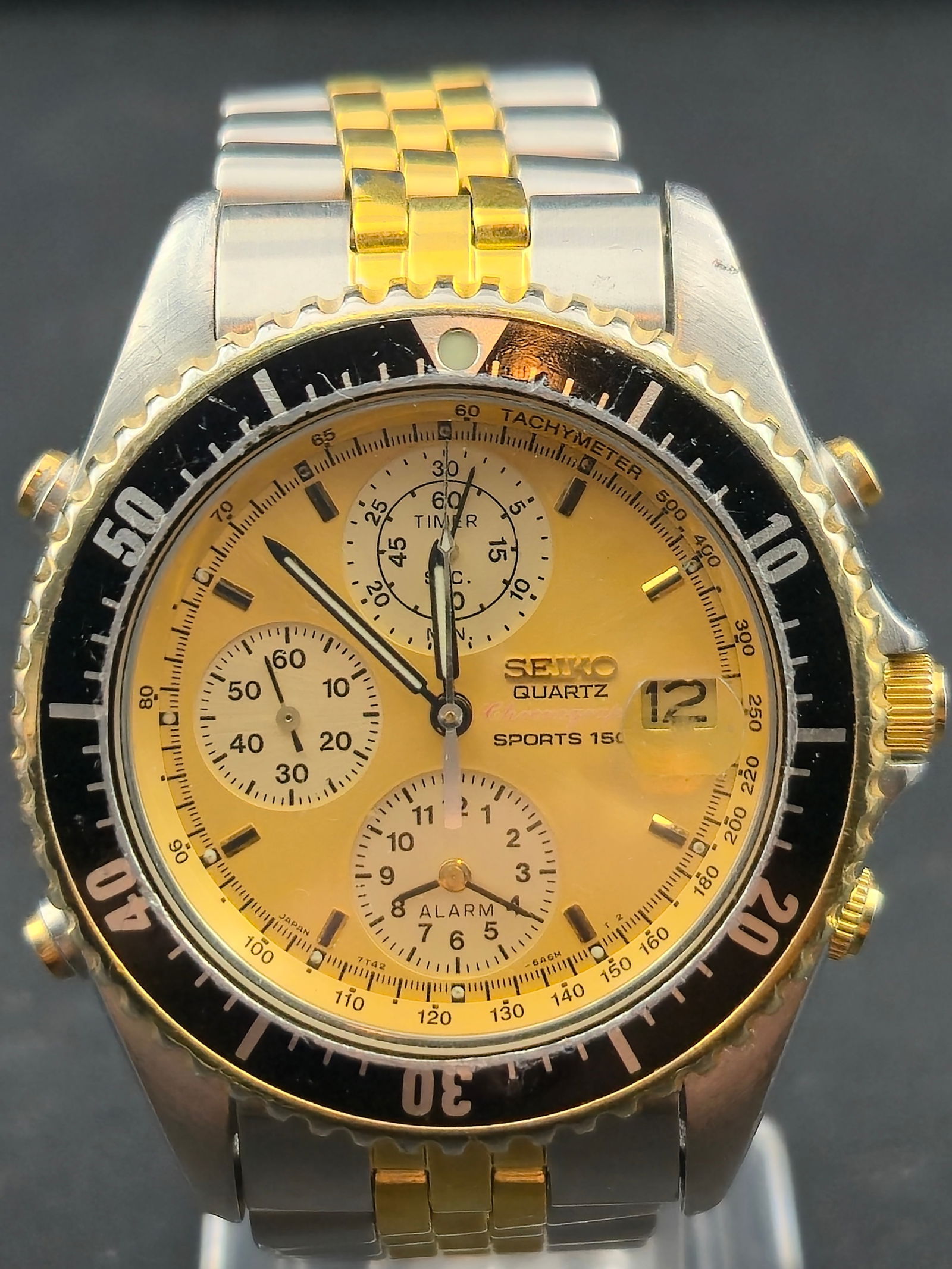 Seiko 39 mm Sports 150 Quartz Chronograph 7T42 6A50 Two Tone Watch Running New Battery Vintage (1 of 9)