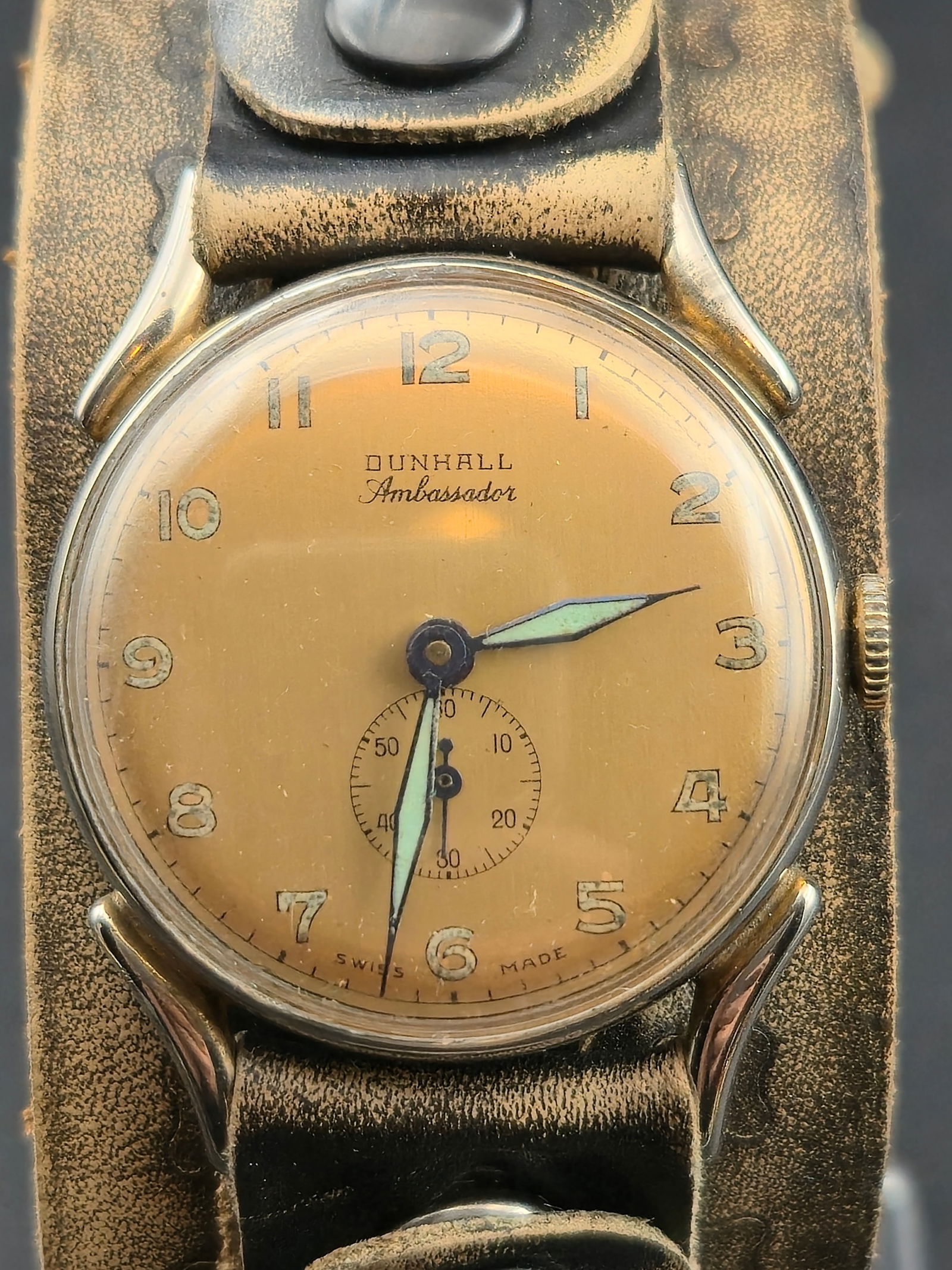 1940s Dunhill Ambassador 34mm Swiss 17J Sub Seconds Gold Tone Case Runs Vintage Leather Cuff Strap (1 of 11)