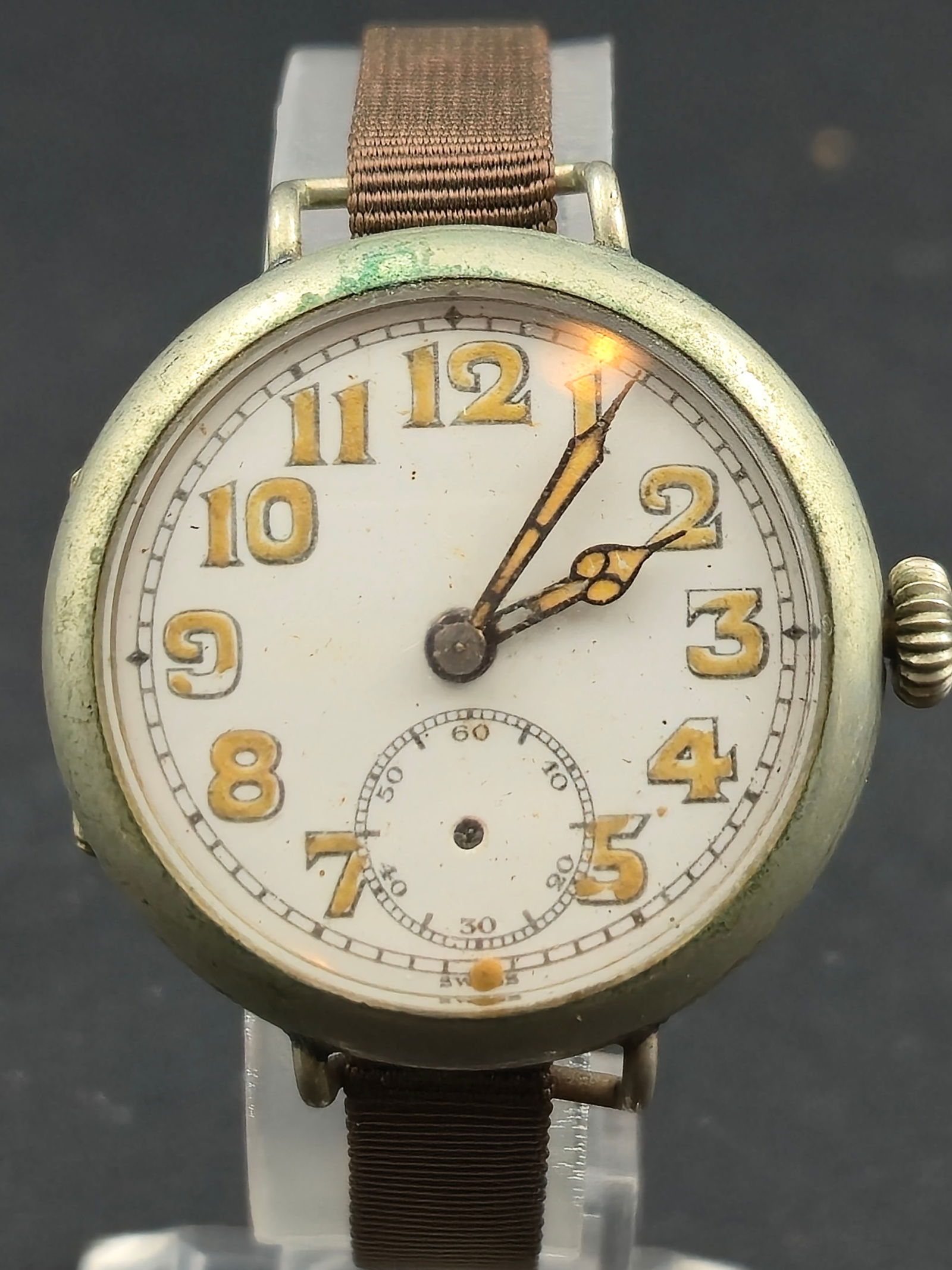 1917 Swiss WWI Trench Watch 34mm Wire Lugs Sub Seconds Brass Case Untested Vintage Military (1 of 9)