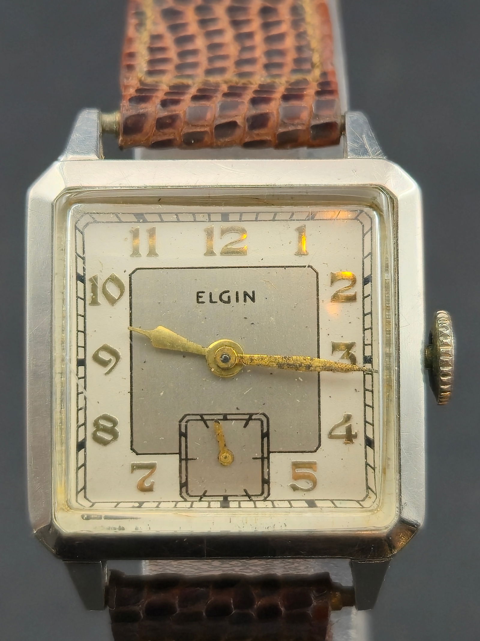1940s Elgin Square 25mm Stainless and 10K RGP Back 15J USA Movement Runs Vintage Art Deco Watch (1 of 10)
