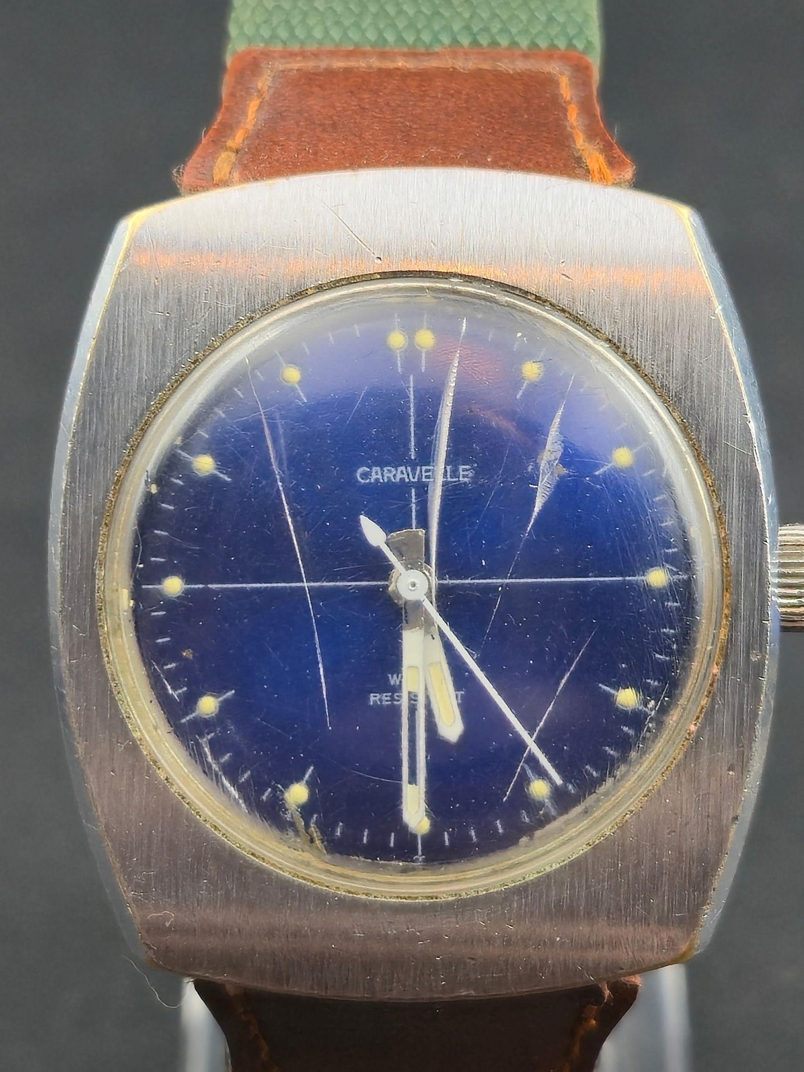 1970s Caravelle by Bulova Blue Dial Cushion Case 36mm Stainless Steel 17 Jewel Manual Runs (1 of 9)