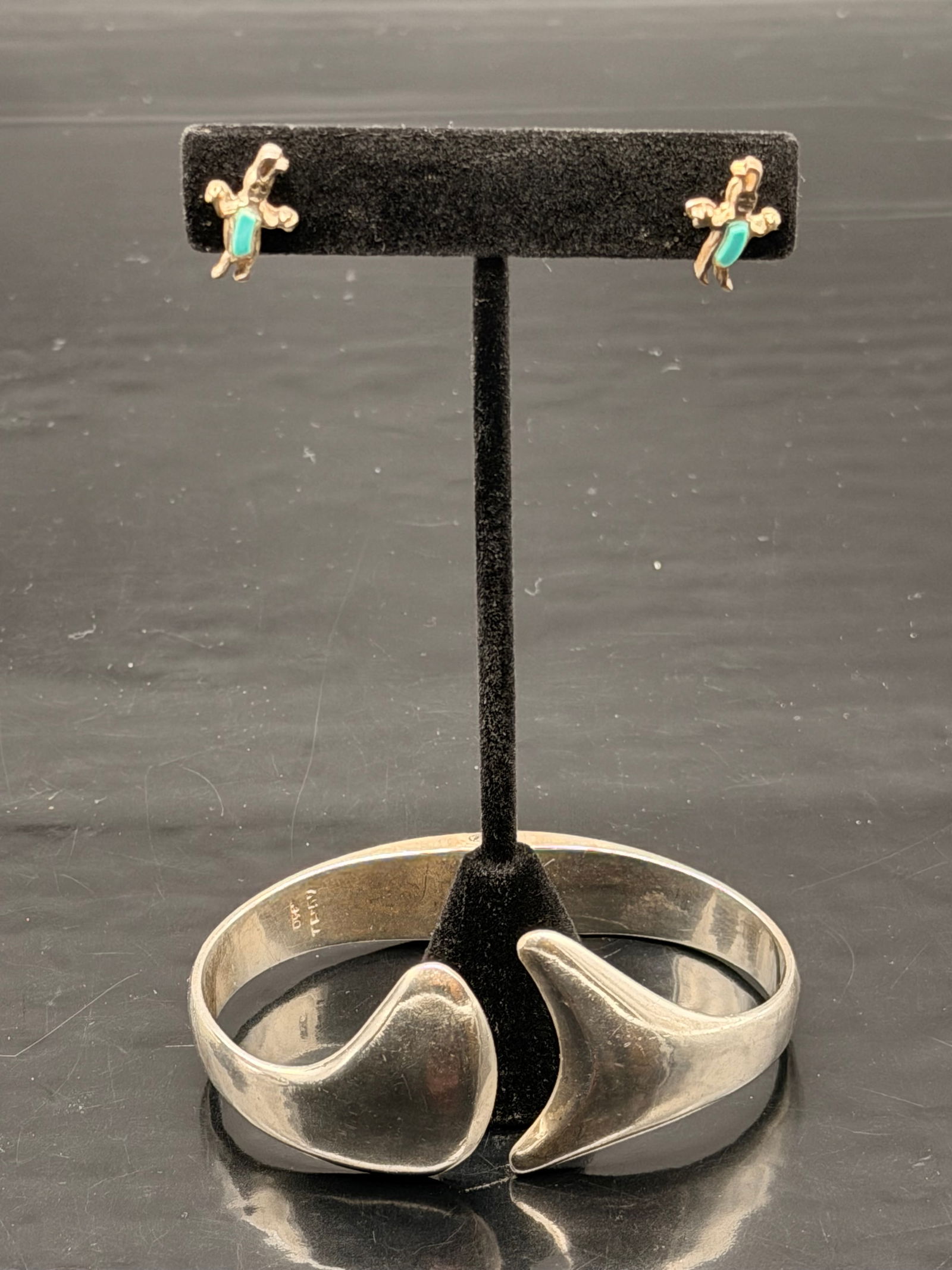 Vintage 925 Sterling Silver Wave Bracelet + Turquoise Inlay Earrings – 59g (1 of 9)