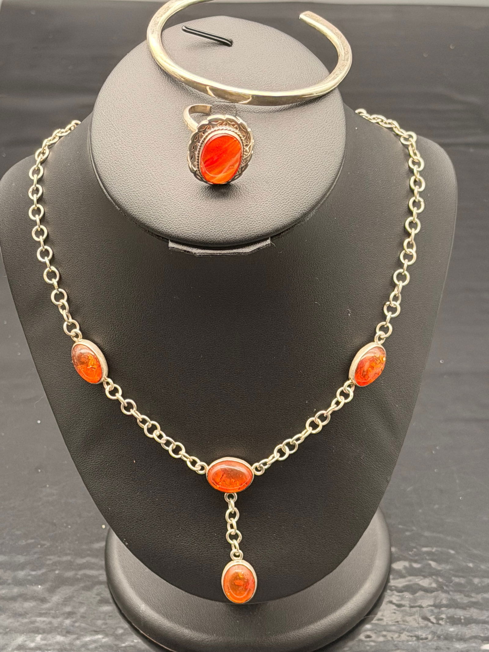 Vintage Mexico 925 Sterling Silver Amber Jewelry Set – Necklace, Ring & Bracelet (50g) (1 of 14)