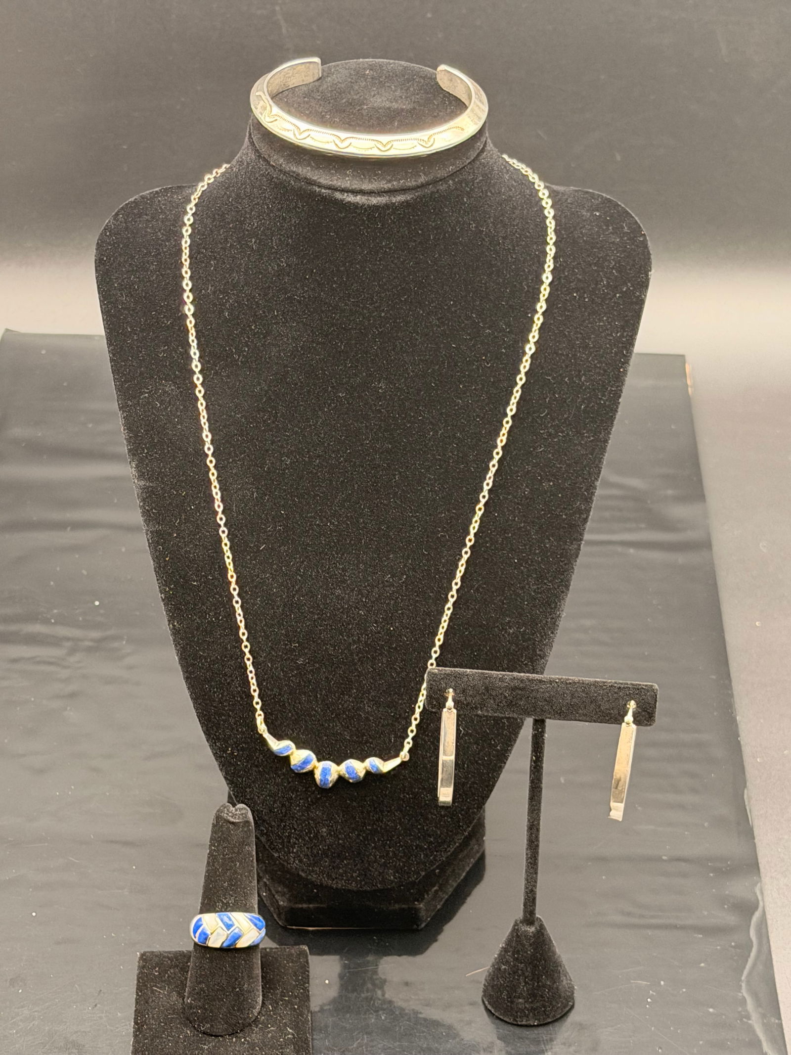 Vintage 925 Sterling Silver – Necklace, Ring, Cuff & Hoops (55g) (1 of 14)