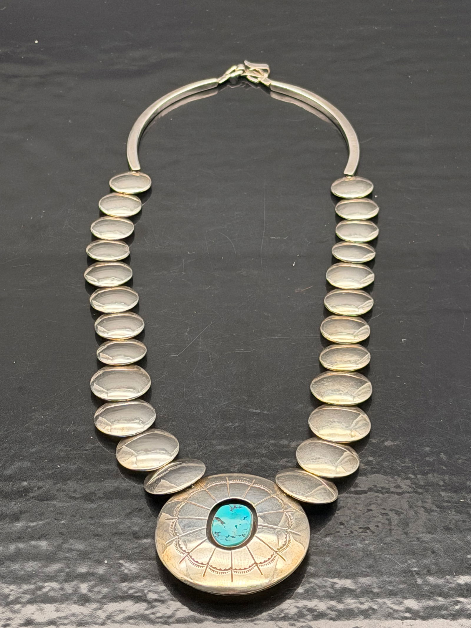 Vintage Southwestern Sterling Silver Necklace with Turquoise Center – 98g (1 of 5)