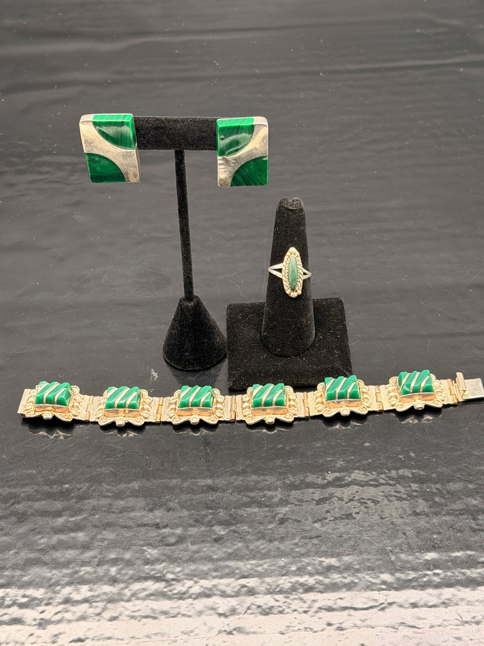 Vintage Mexico 925 Sterling Silver Malachite Inlay Jewelry Set – 58g (1 of 13)