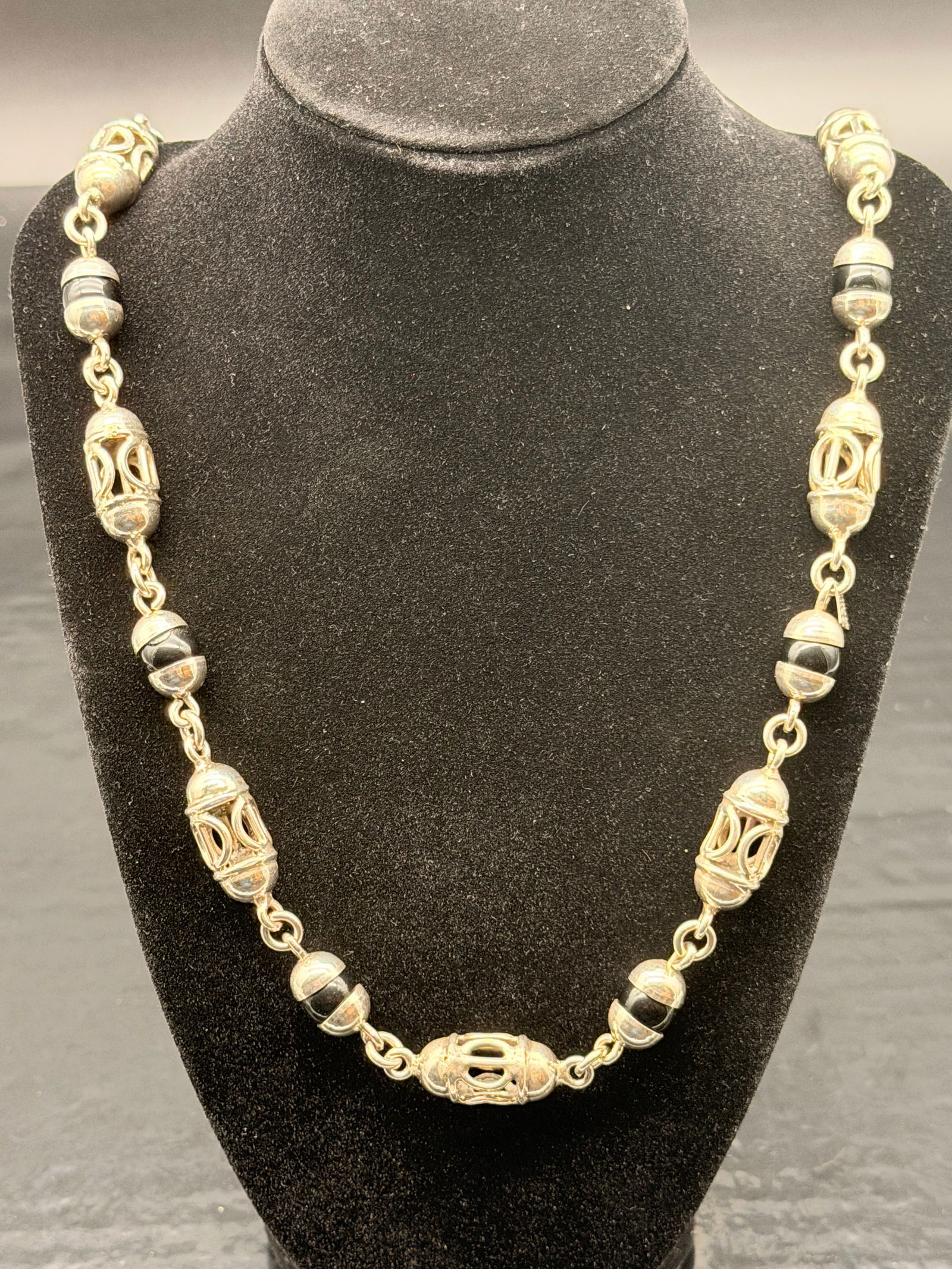 Heavy Mexican Sterling Silver Filigree Barrel Bead Necklace – 89g TS-1 925 (1 of 6)