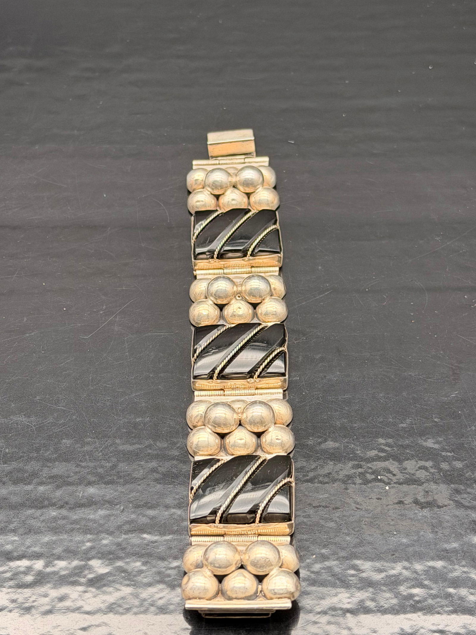 Vintage Mexico Silver & Black Onyx Panel Bracelet – 76g (1 of 8)